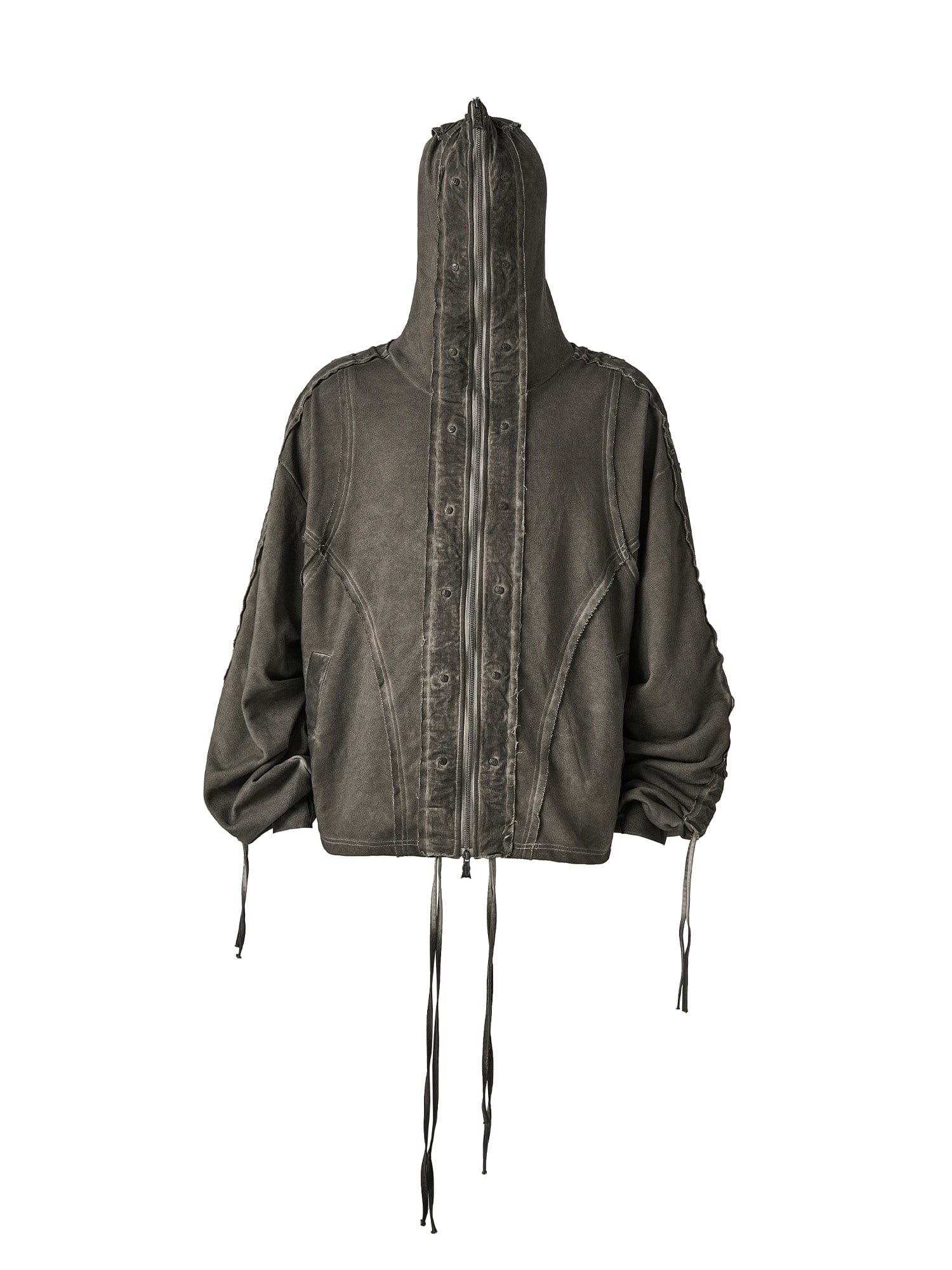 FLYERRER Distressed Drawstring Ruched Hooded Jacket, premium urban and streetwear designers apparel on PROJECTISR.com, FLYERRER