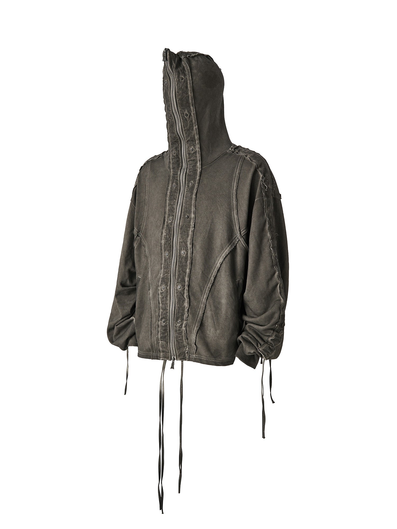 FLYERRER Distressed Drawstring Ruched Hooded Jacket, premium urban and streetwear designers apparel on PROJECTISR.com, FLYERRER