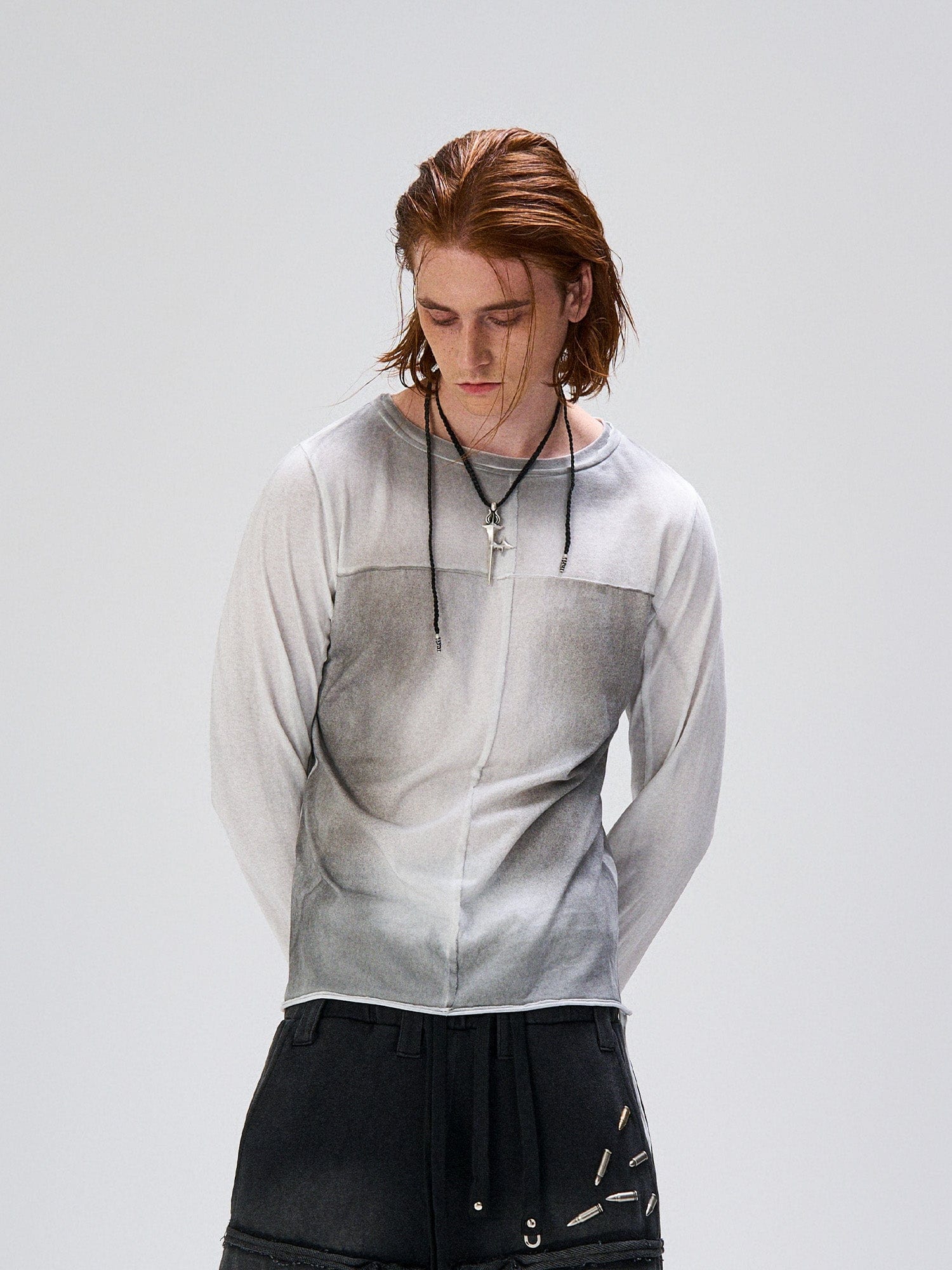 FLYERRER Washed Gradient Cross-Panel Raw-Edge Long-Sleeve Tee, premium urban and streetwear designers apparel on PROJECTISR.com, FLYERRER