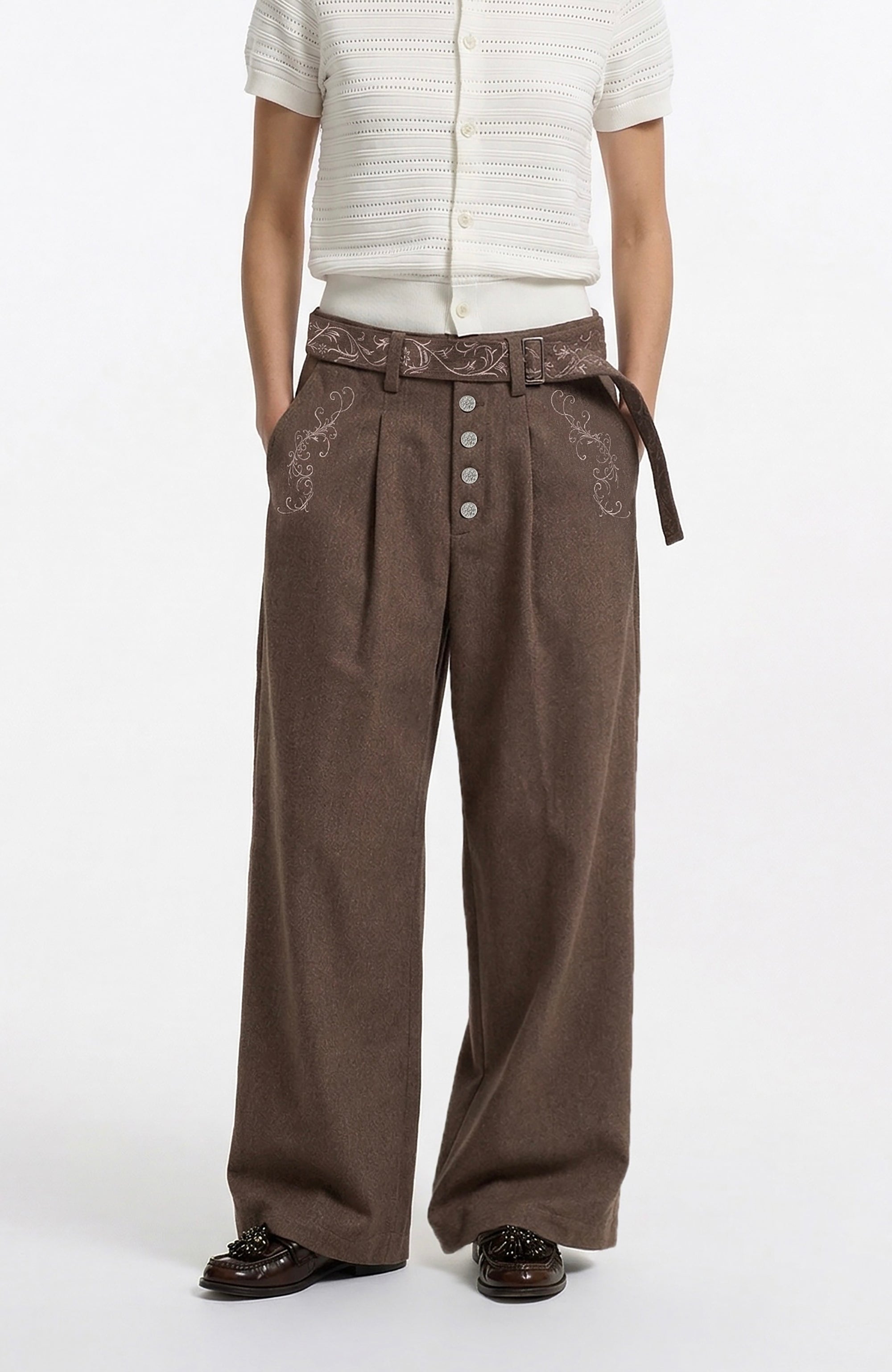 ELETEIZE Vine Embroidered Wide-Leg Trousers