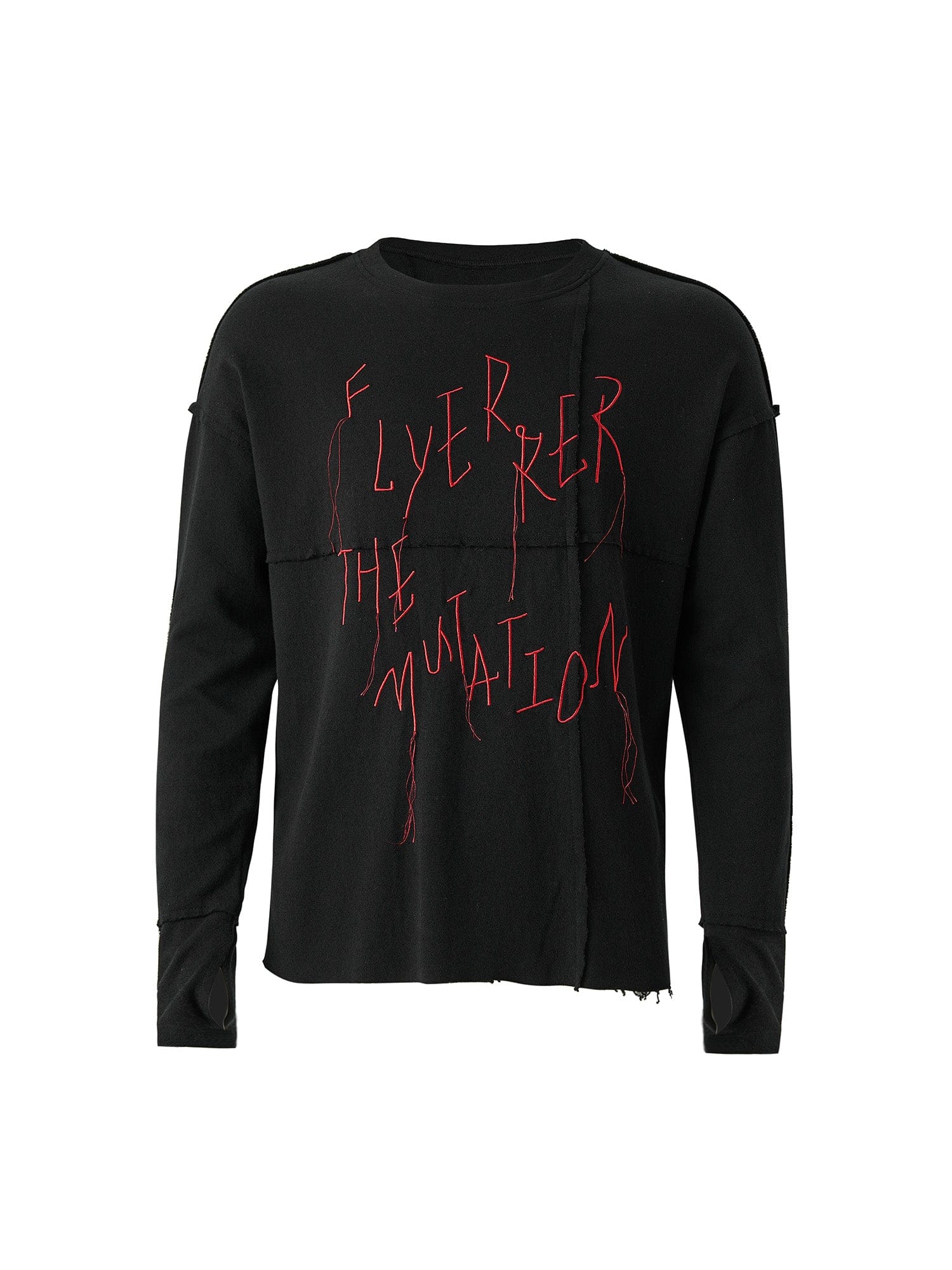 FLYERRER Cross-Panel Contrast Frayed Embroidered Long-Sleeve Tee, premium urban and streetwear designers apparel on PROJECTISR.com, FLYERRER