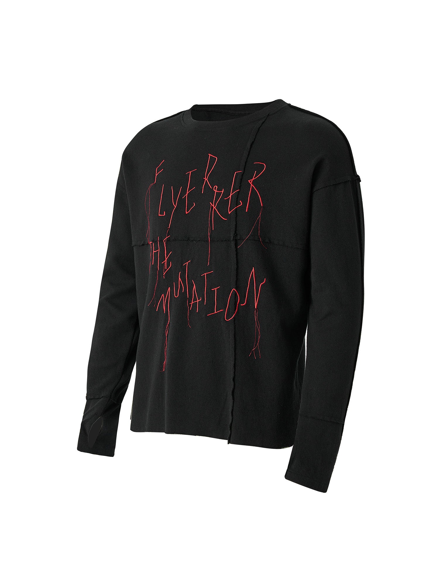 FLYERRER Cross-Panel Contrast Frayed Embroidered Long-Sleeve Tee, premium urban and streetwear designers apparel on PROJECTISR.com, FLYERRER