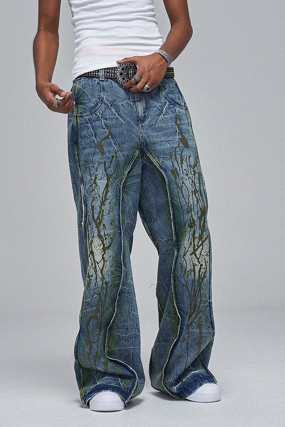 DND4DES Ripple Spliced Washed Jeans, premium urban and streetwear designers apparel on PROJECTISR.com, DND4DES