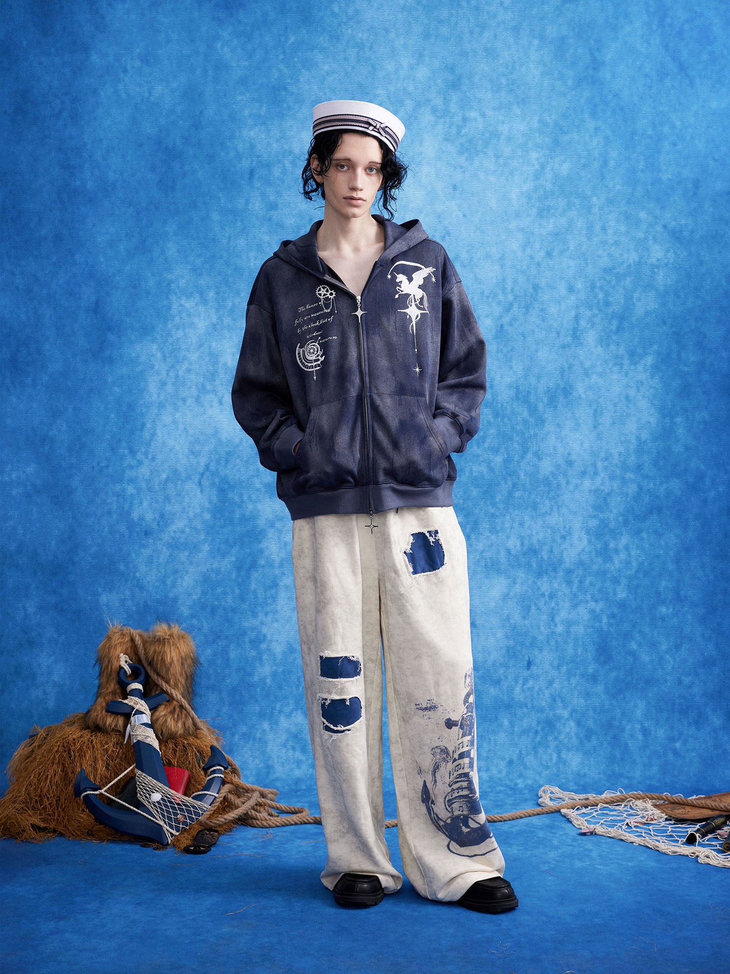 OIPWORD Embroidered Distressed Dual-Zip Hoodie