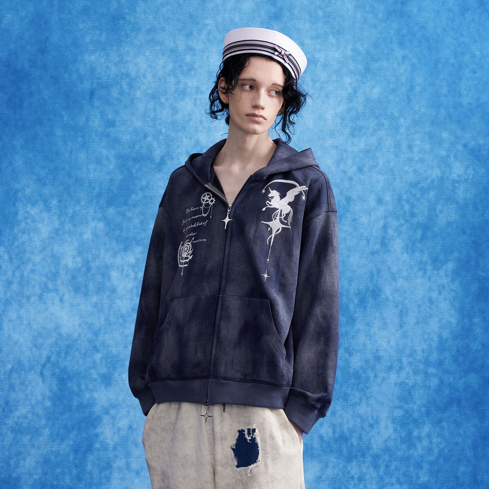 OIPWORD Embroidered Distressed Dual-Zip Hoodie
