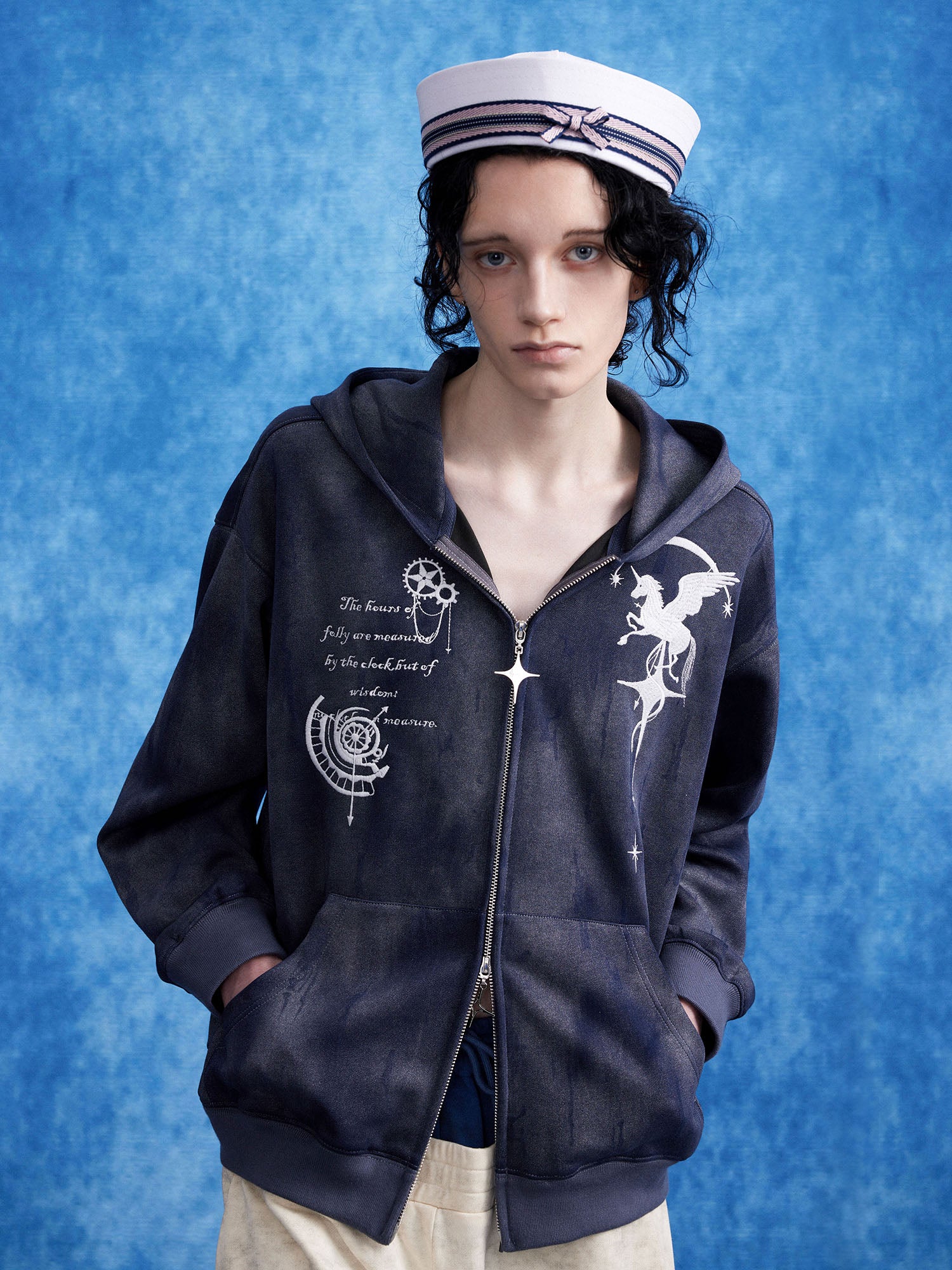 OIPWORD Embroidered Distressed Dual-Zip Hoodie