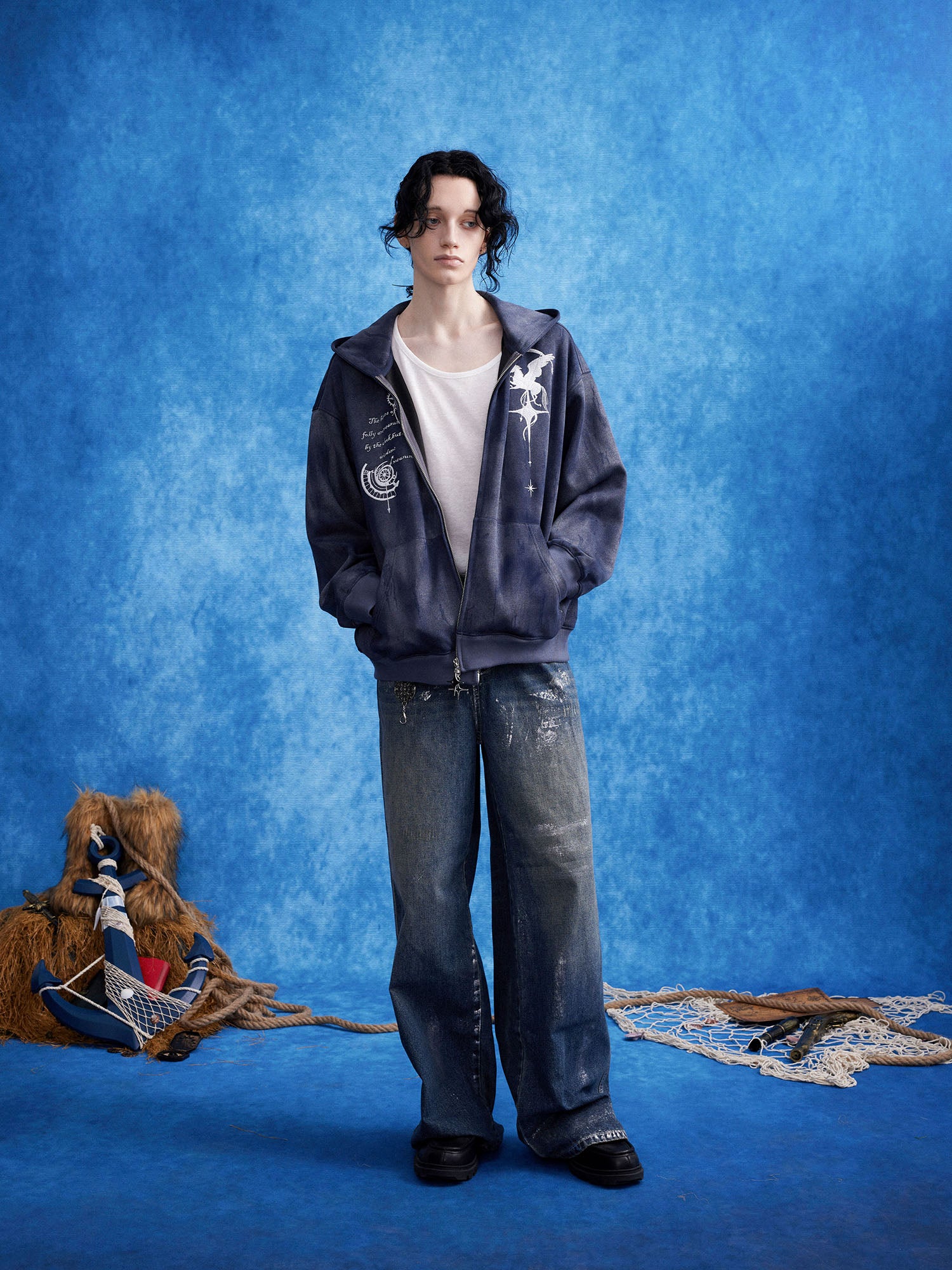 OIPWORD Embroidered Distressed Dual-Zip Hoodie