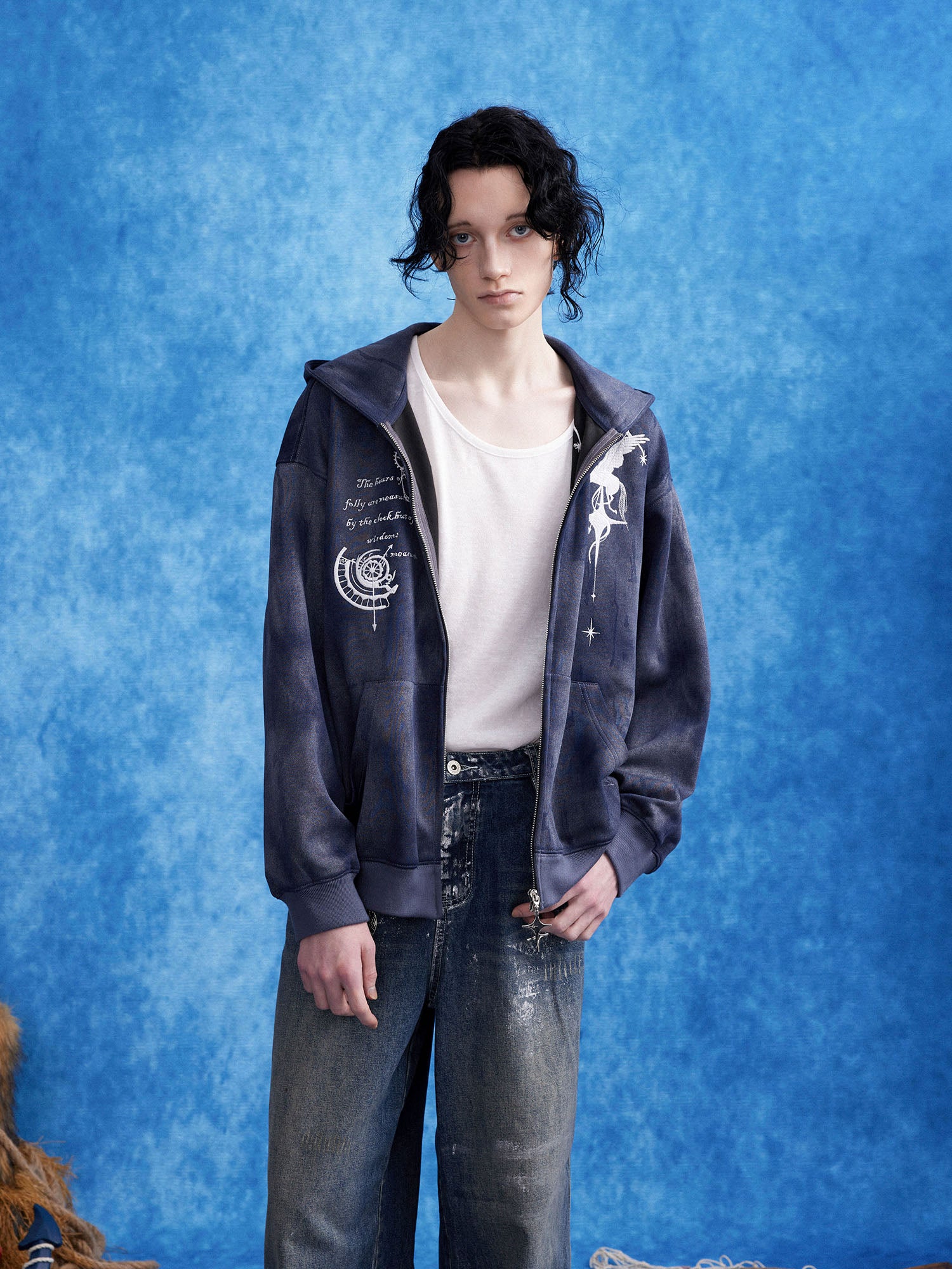 OIPWORD Embroidered Distressed Dual-Zip Hoodie