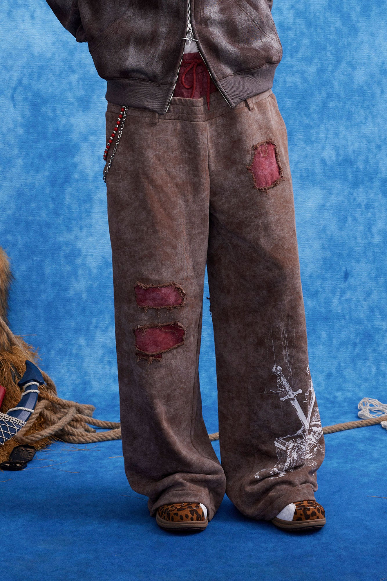OIPWORD Distressed Ship Graphic Double-Waist Pants