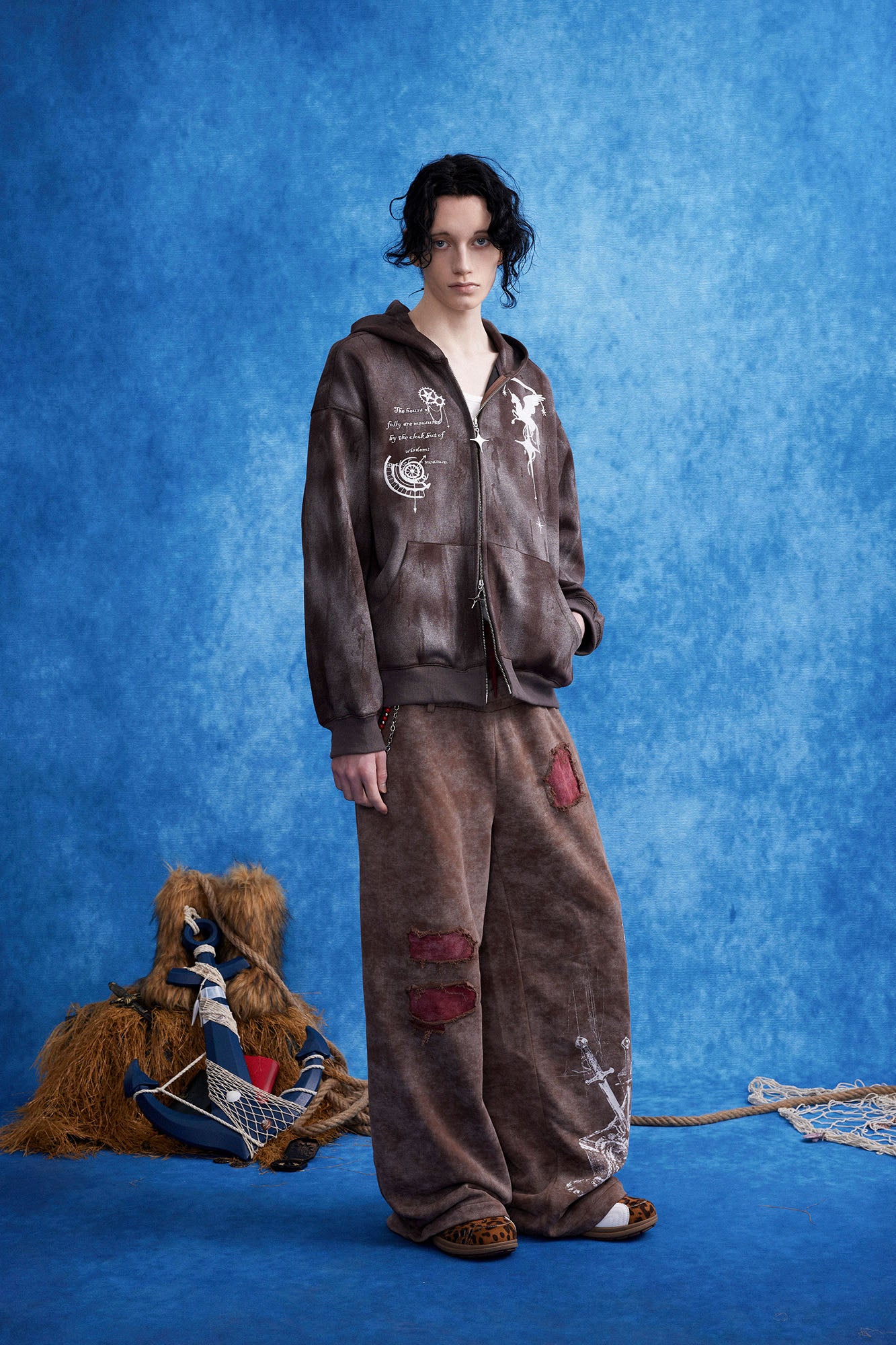OIPWORD Distressed Ship Graphic Double-Waist Pants