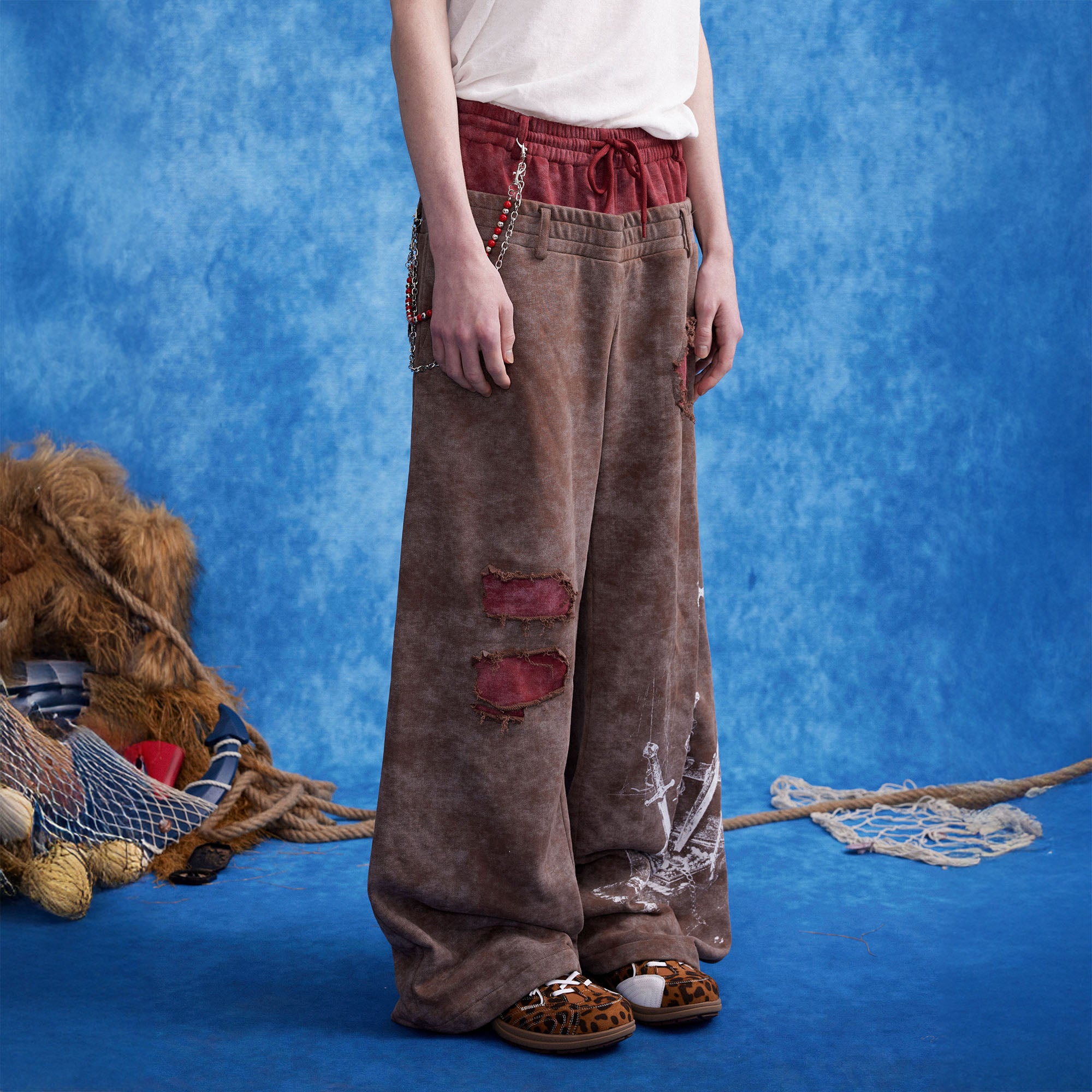 OIPWORD Distressed Ship Graphic Double-Waist Pants