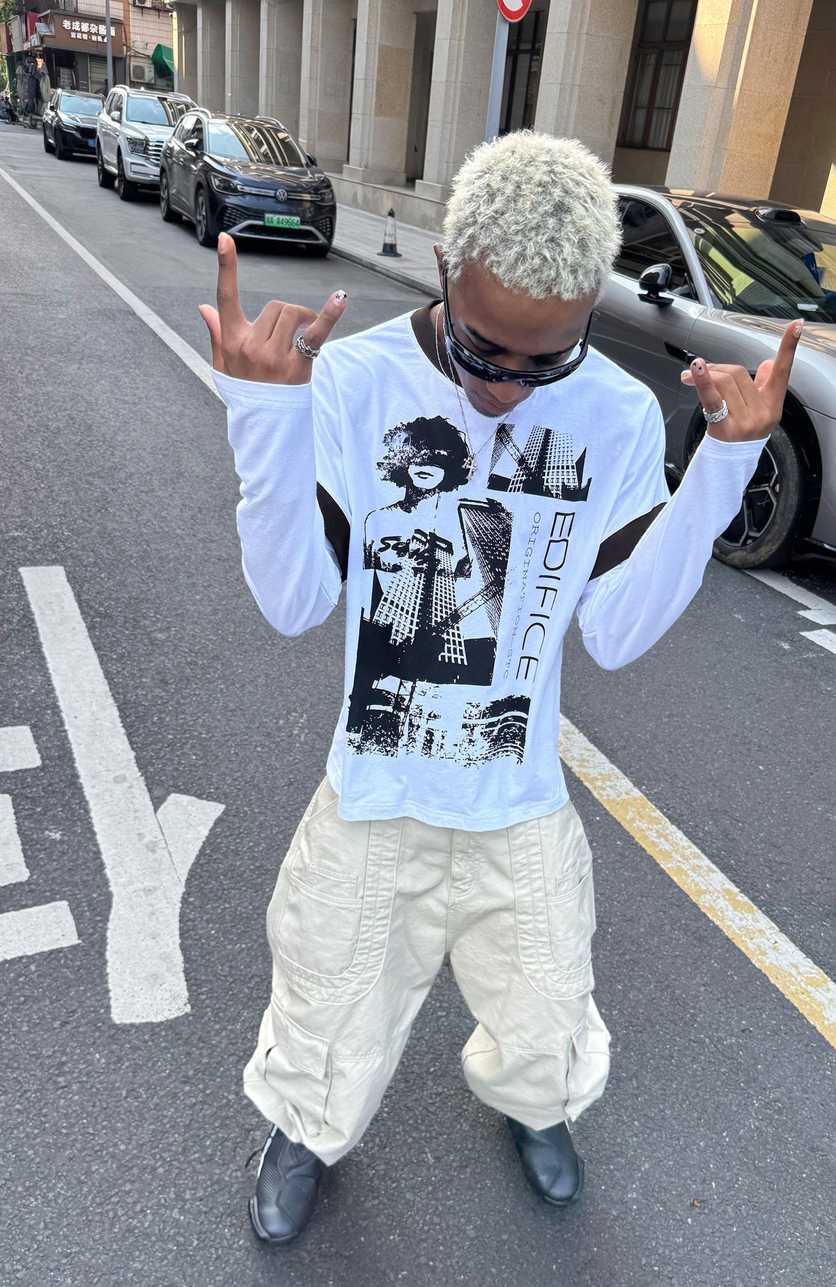 STEEPC Contrast Spliced Graphic Long-Sleeve Tee