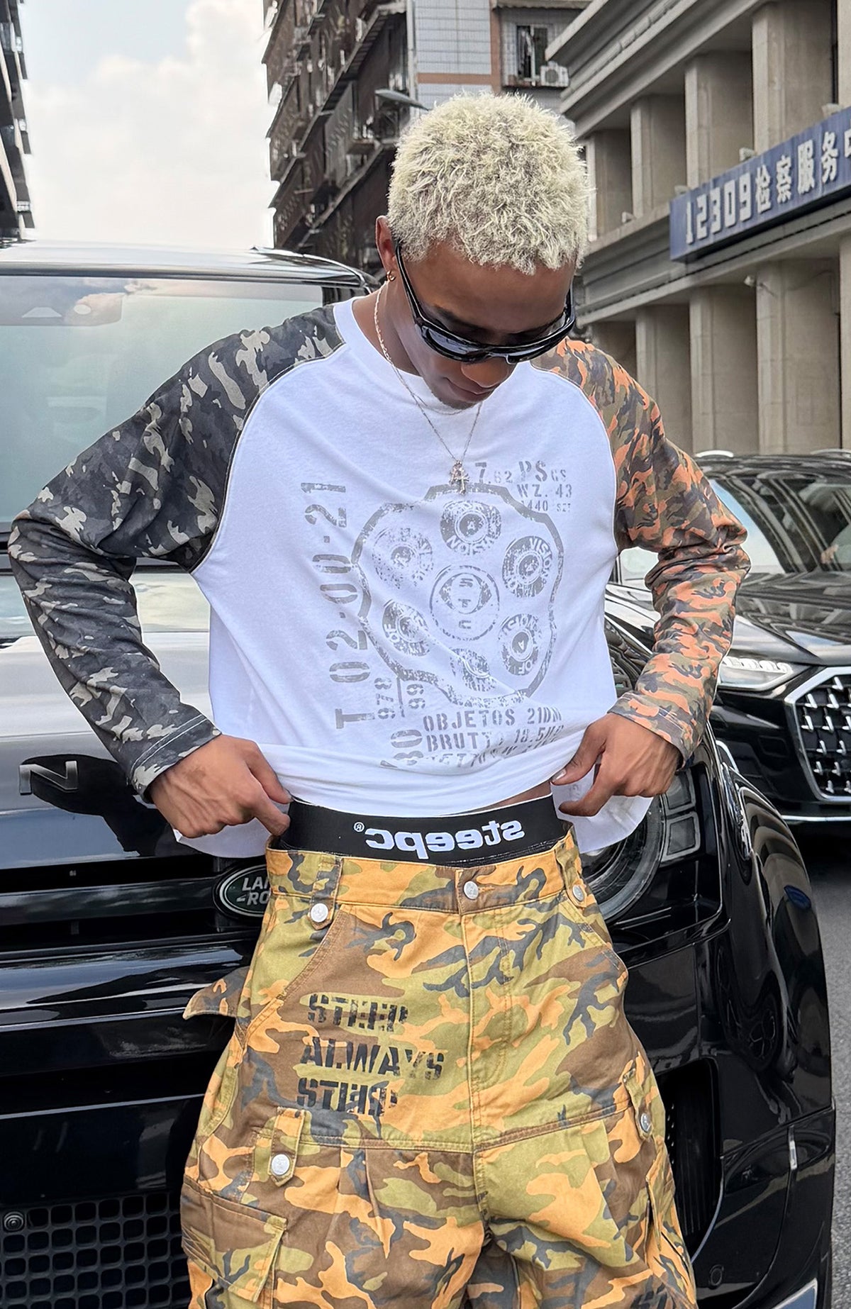 STEEPC Camo Spliced Raglan Long-Sleeve Tee