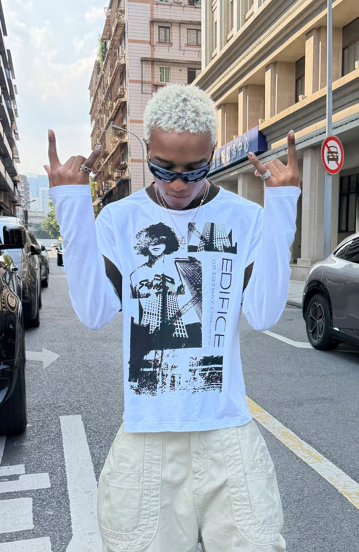 STEEPC Contrast Spliced Graphic Long-Sleeve Tee