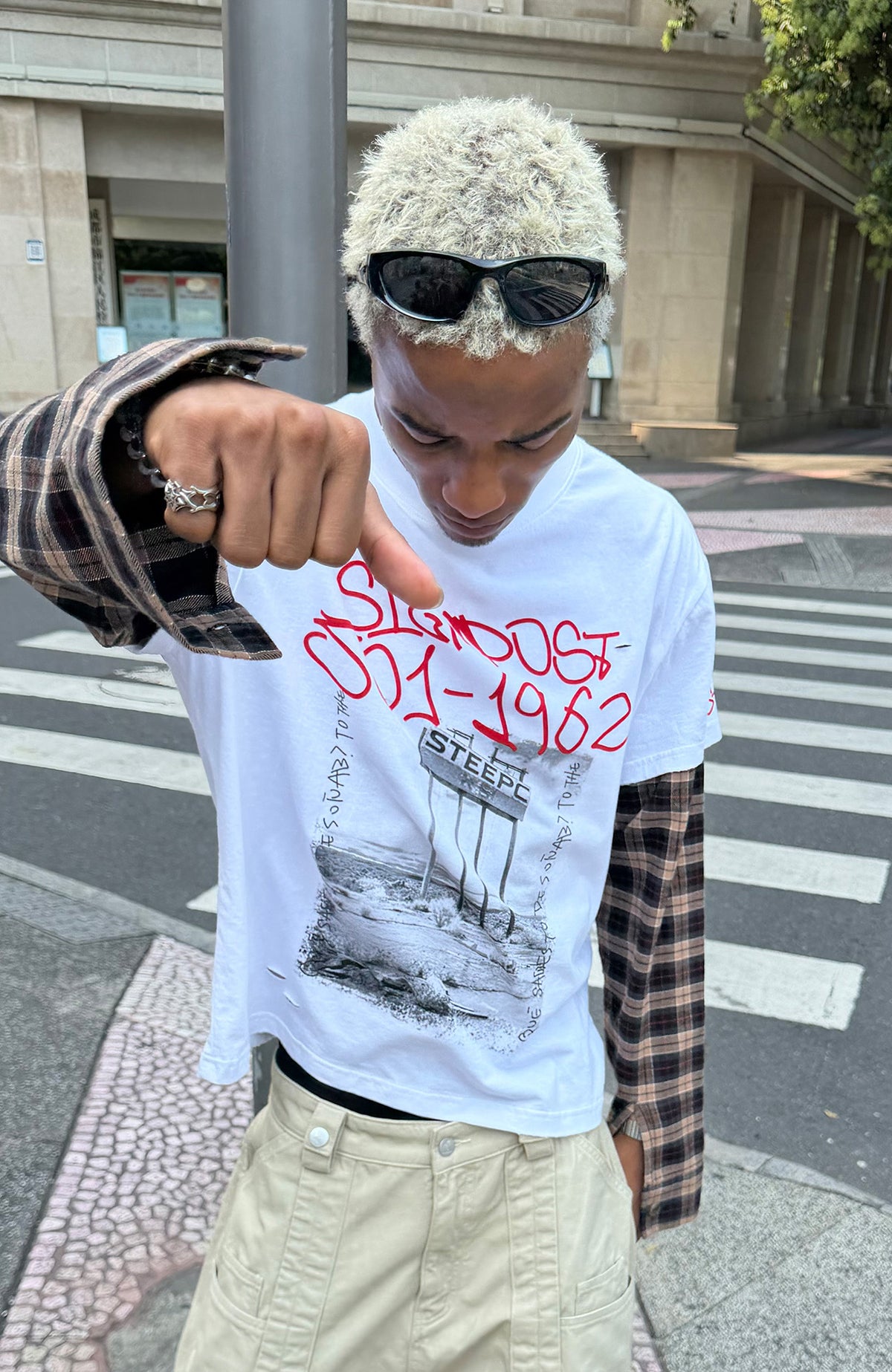 STEEPC Plaid Spliced Contrast Long-Sleeve Tee