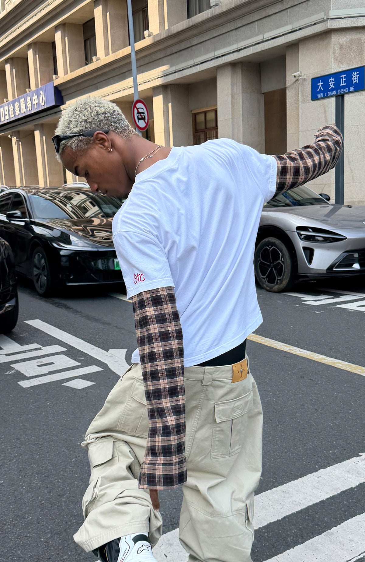 STEEPC Plaid Spliced Contrast Long-Sleeve Tee