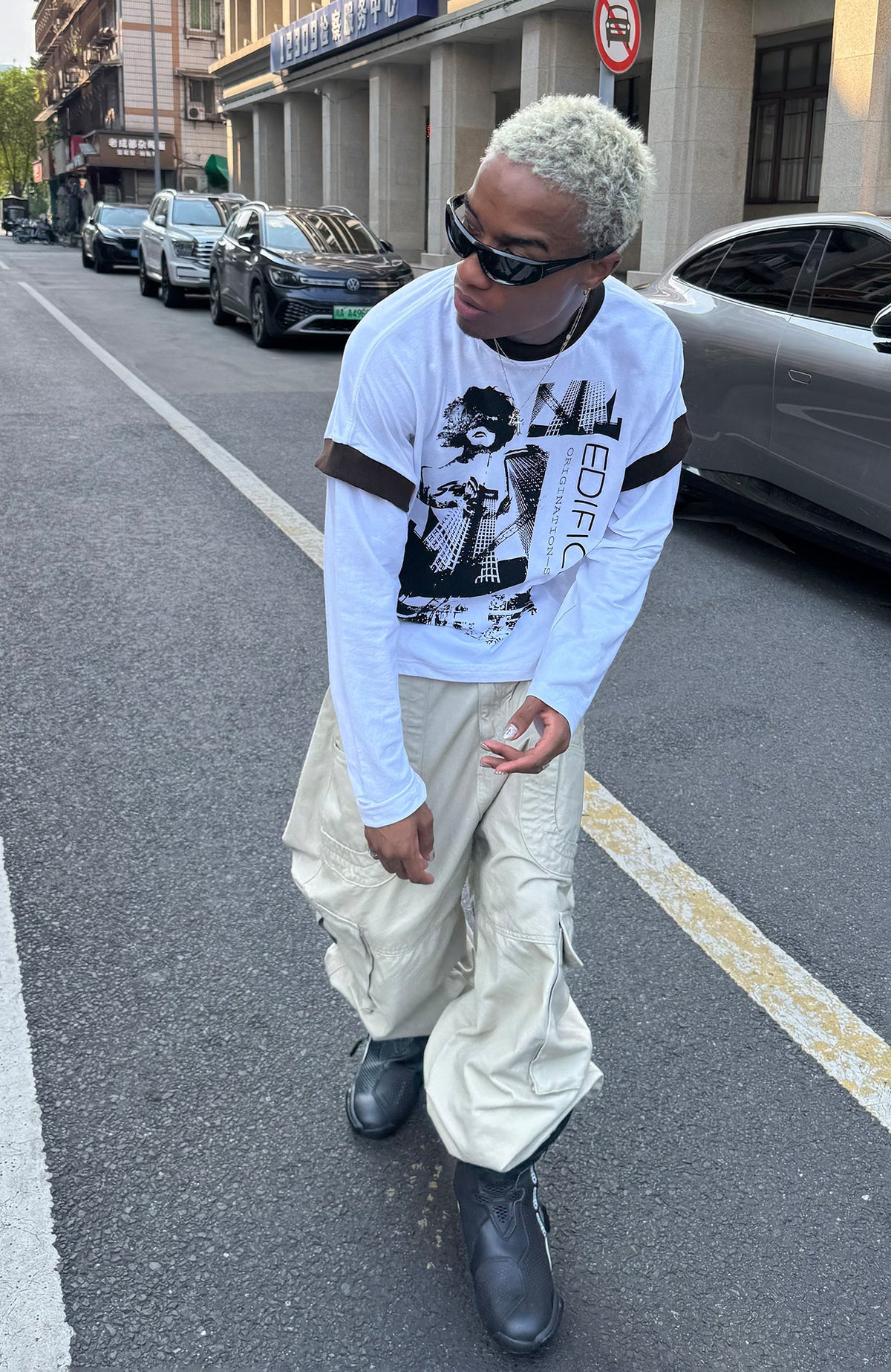STEEPC Contrast Spliced Graphic Long-Sleeve Tee