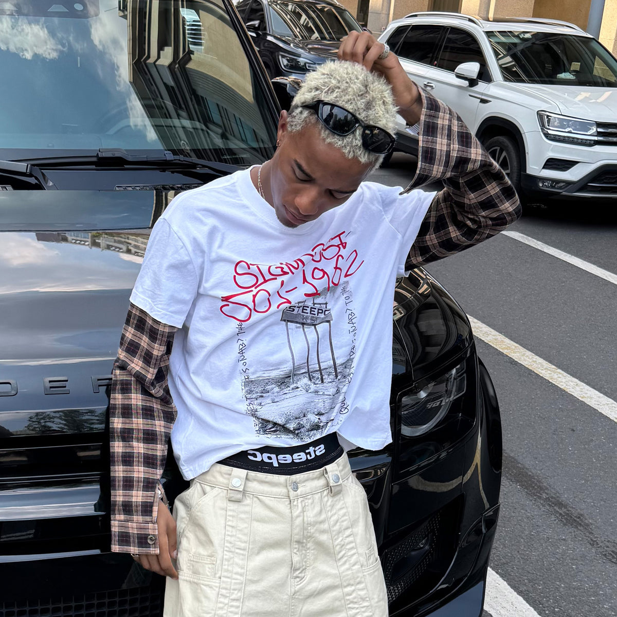 STEEPC Plaid Spliced Contrast Long-Sleeve Tee