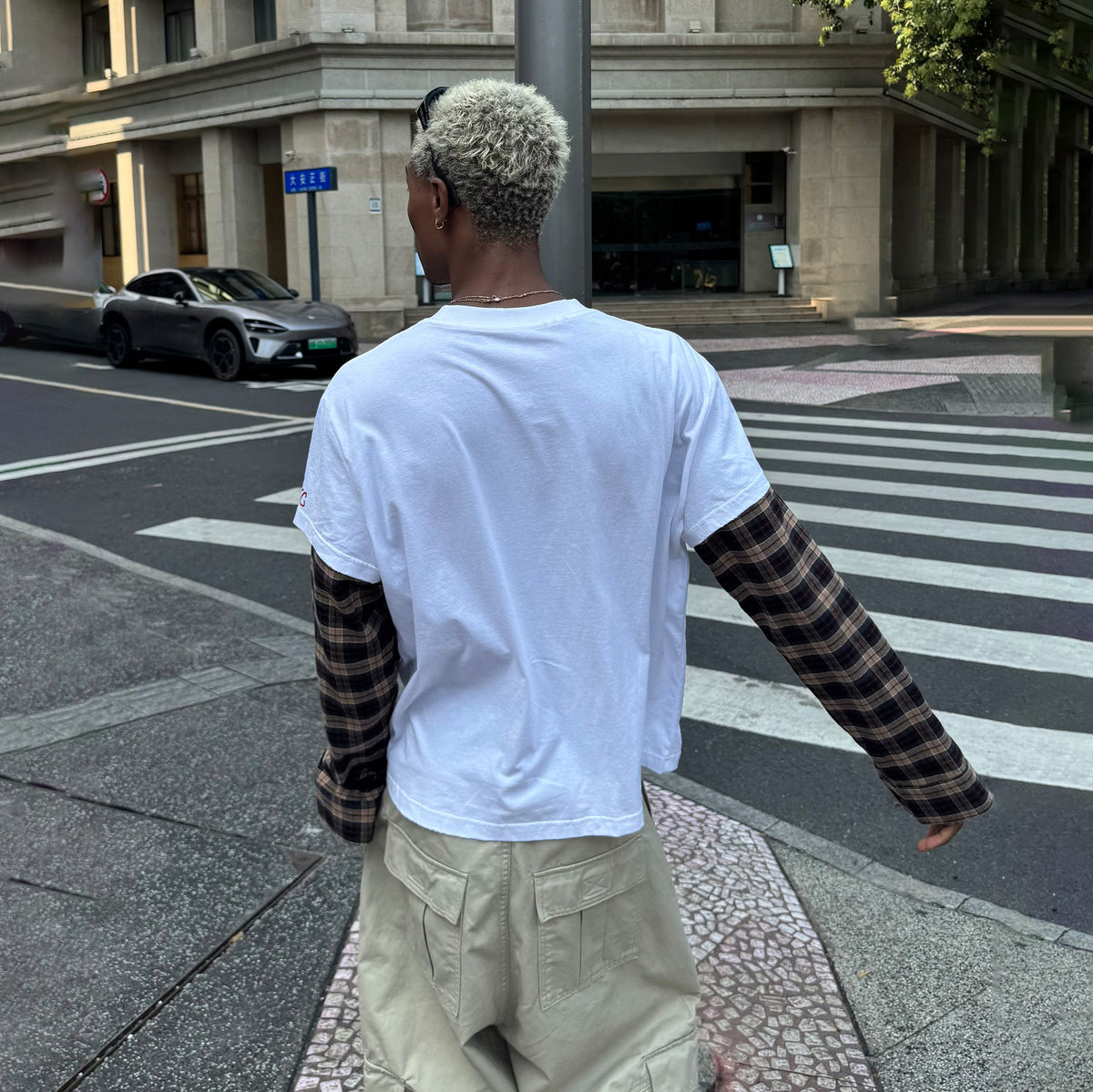 STEEPC Plaid Spliced Contrast Long-Sleeve Tee