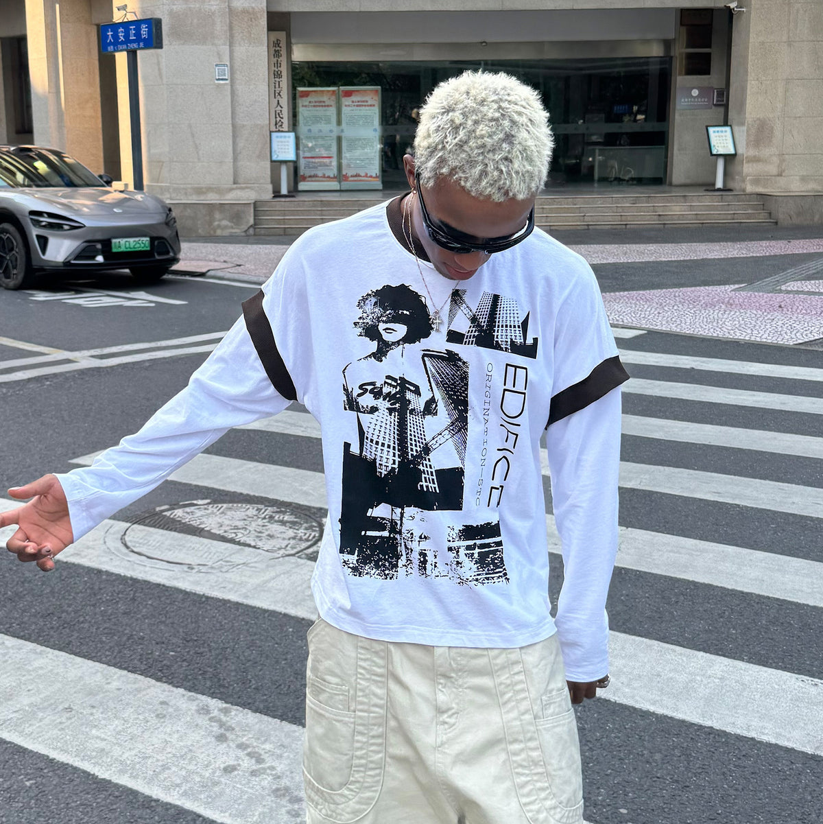 STEEPC Contrast Spliced Graphic Long-Sleeve Tee