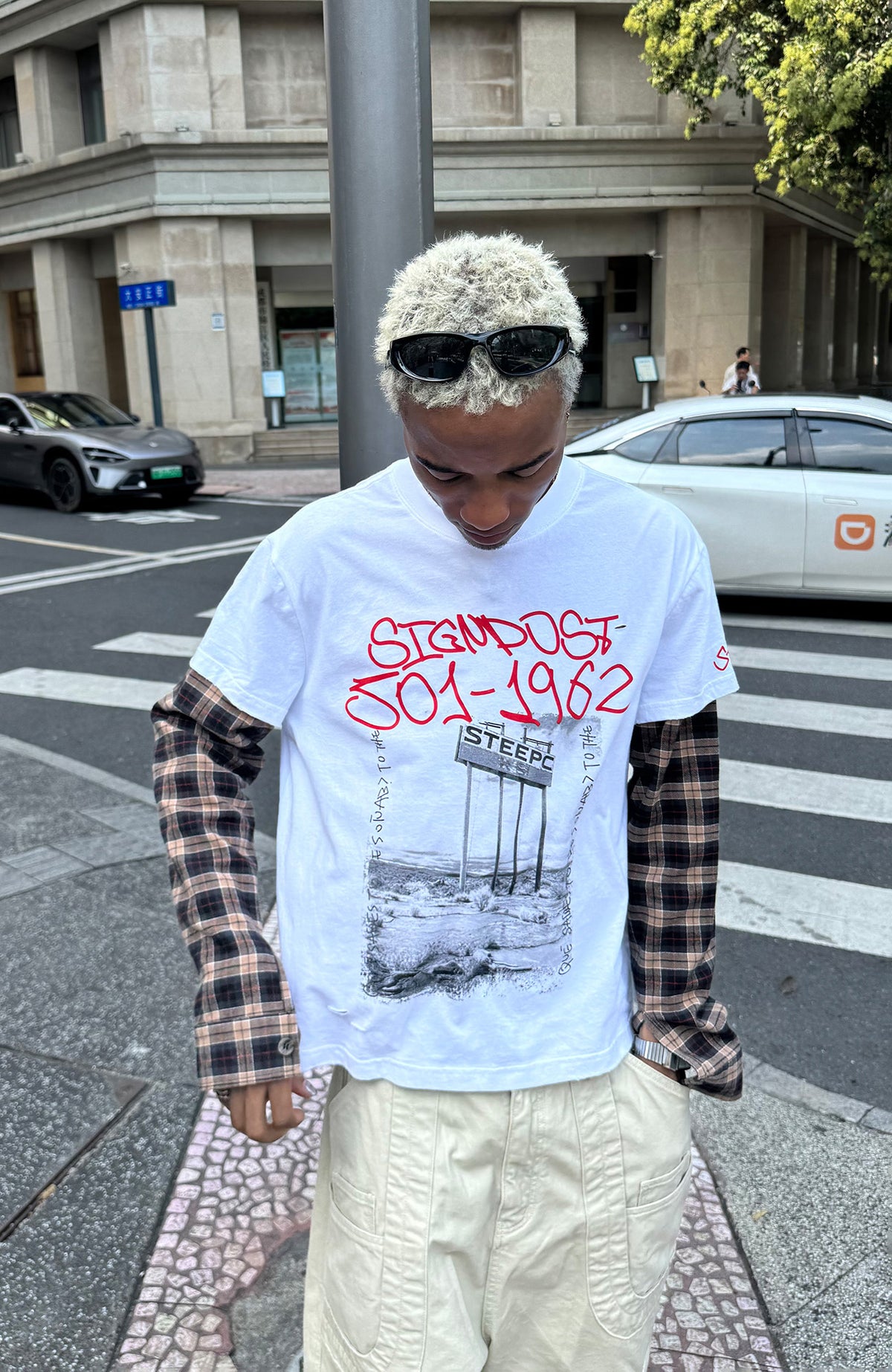 STEEPC Plaid Spliced Contrast Long-Sleeve Tee