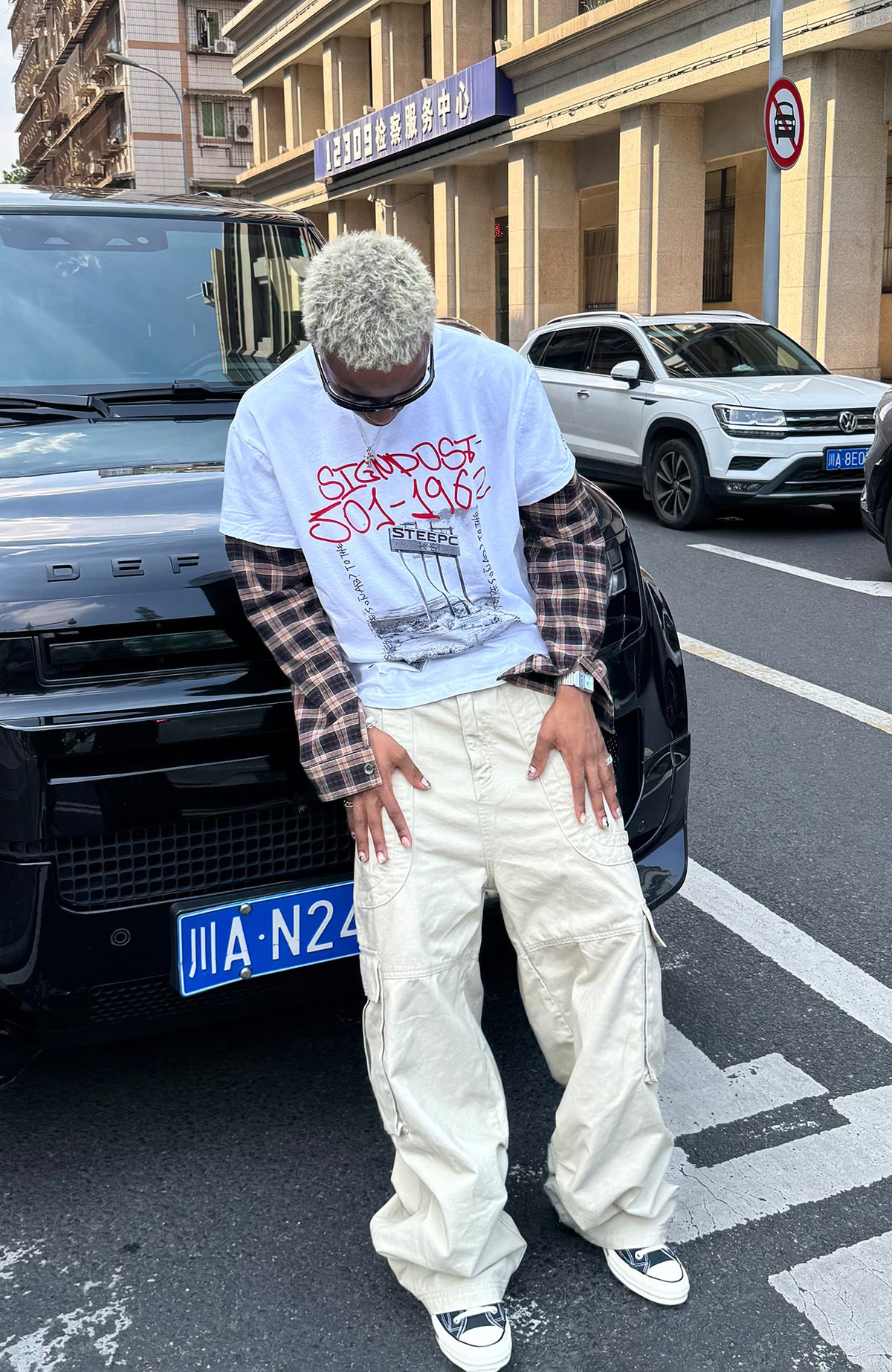 STEEPC Plaid Spliced Contrast Long-Sleeve Tee