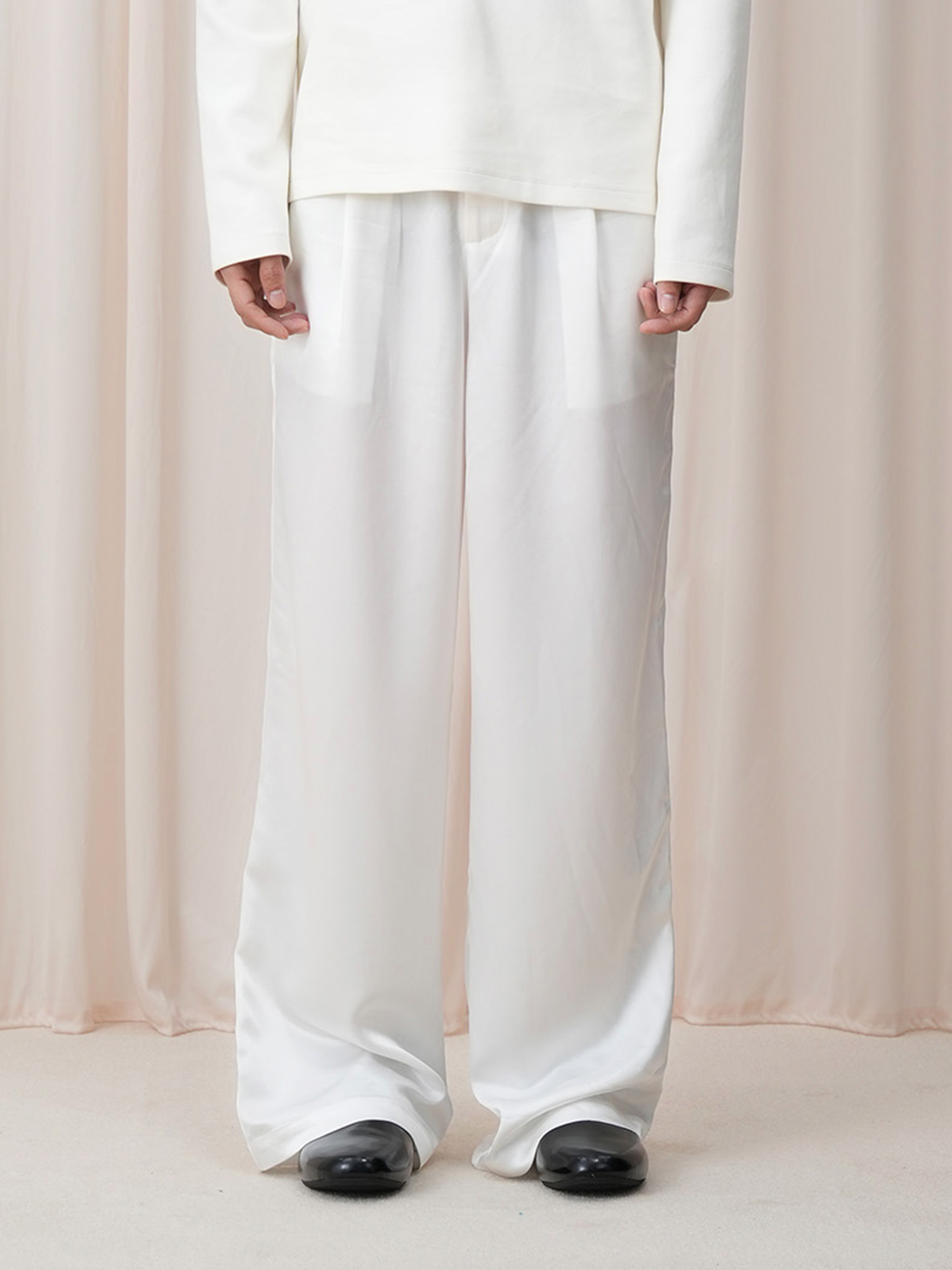 OUYANG WENJUN Minimal Satin Wide-Leg Pants, premium urban and streetwear designers apparel on PROJECTISR.com, OUYANG WENJUN