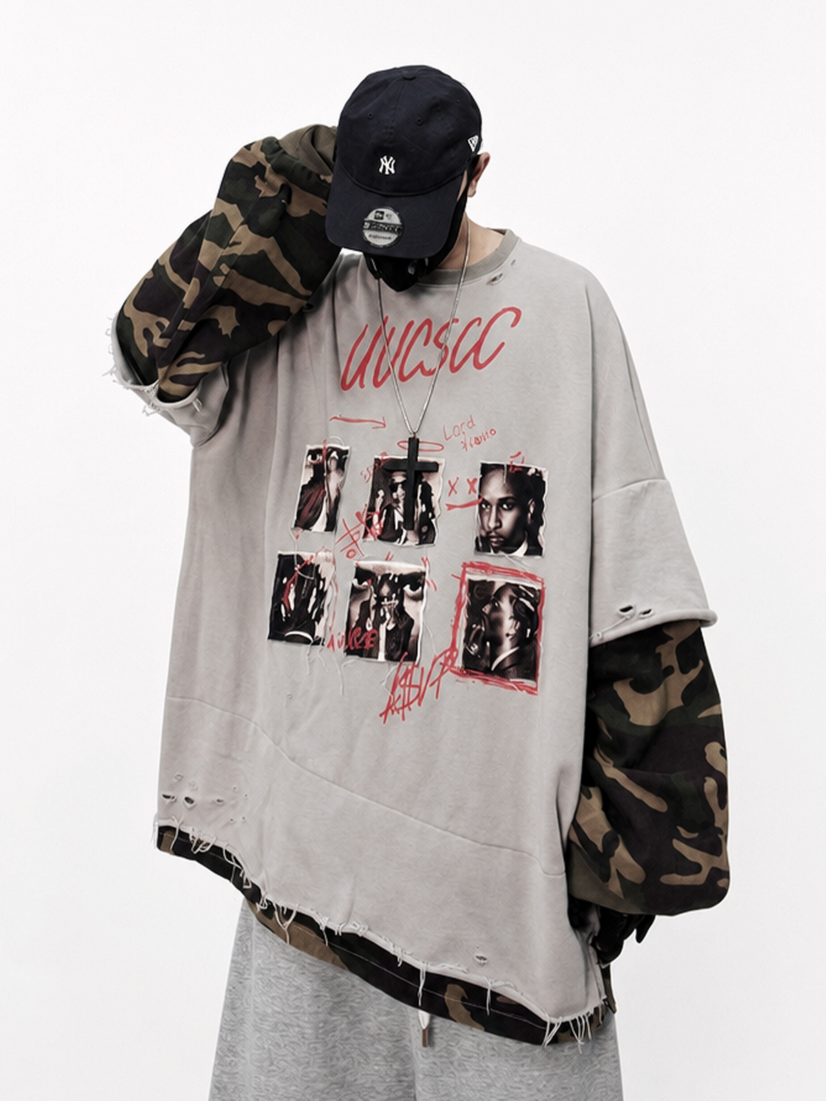 UUCSCC Retro Camo Spliced Distressed Oversized Crewneck Sweatshirt