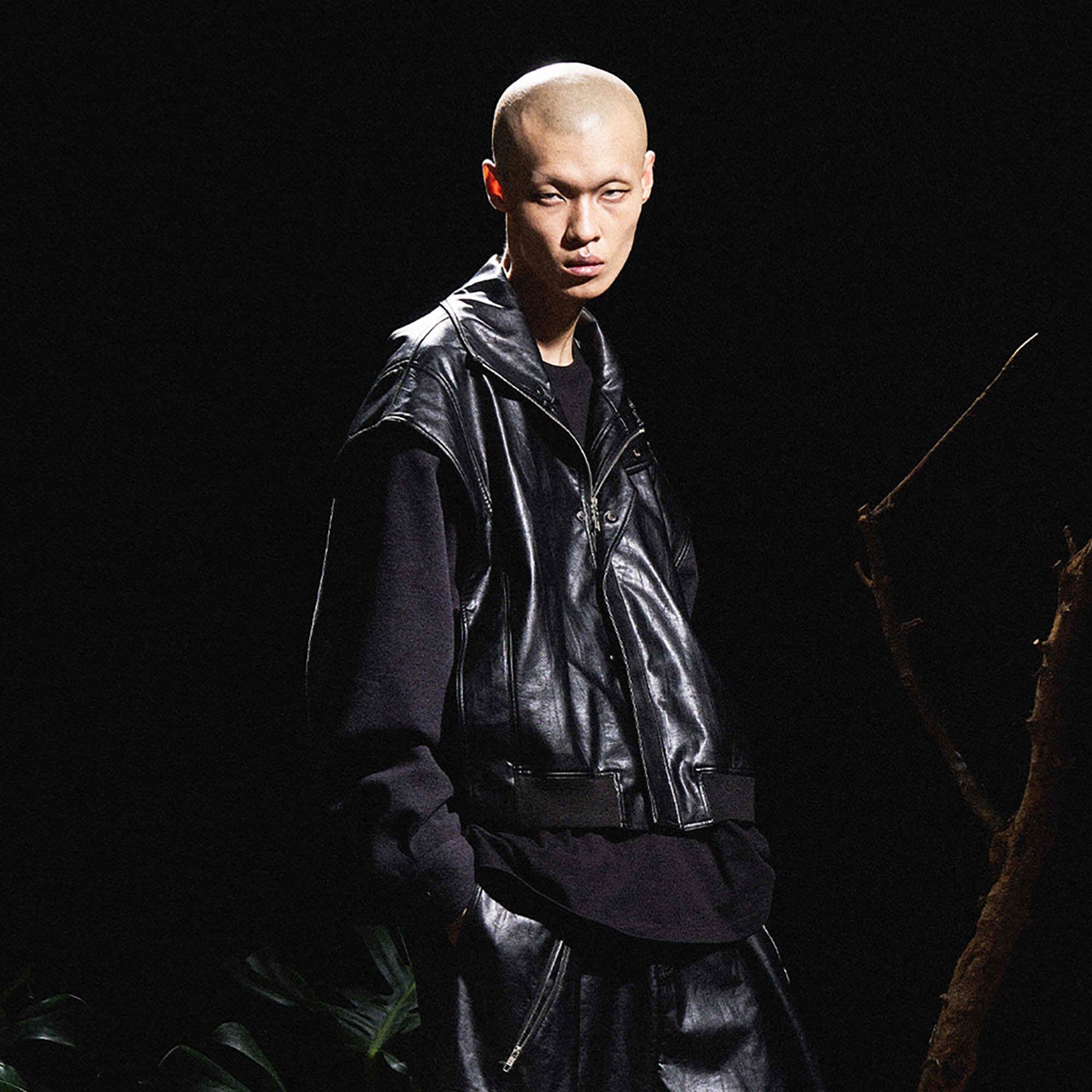 RELABEL Deconstructed Spliced Stand-Collar Faux Leather Jacket, premium urban and streetwear designers apparel on PROJECTISR.com, RELABEL
