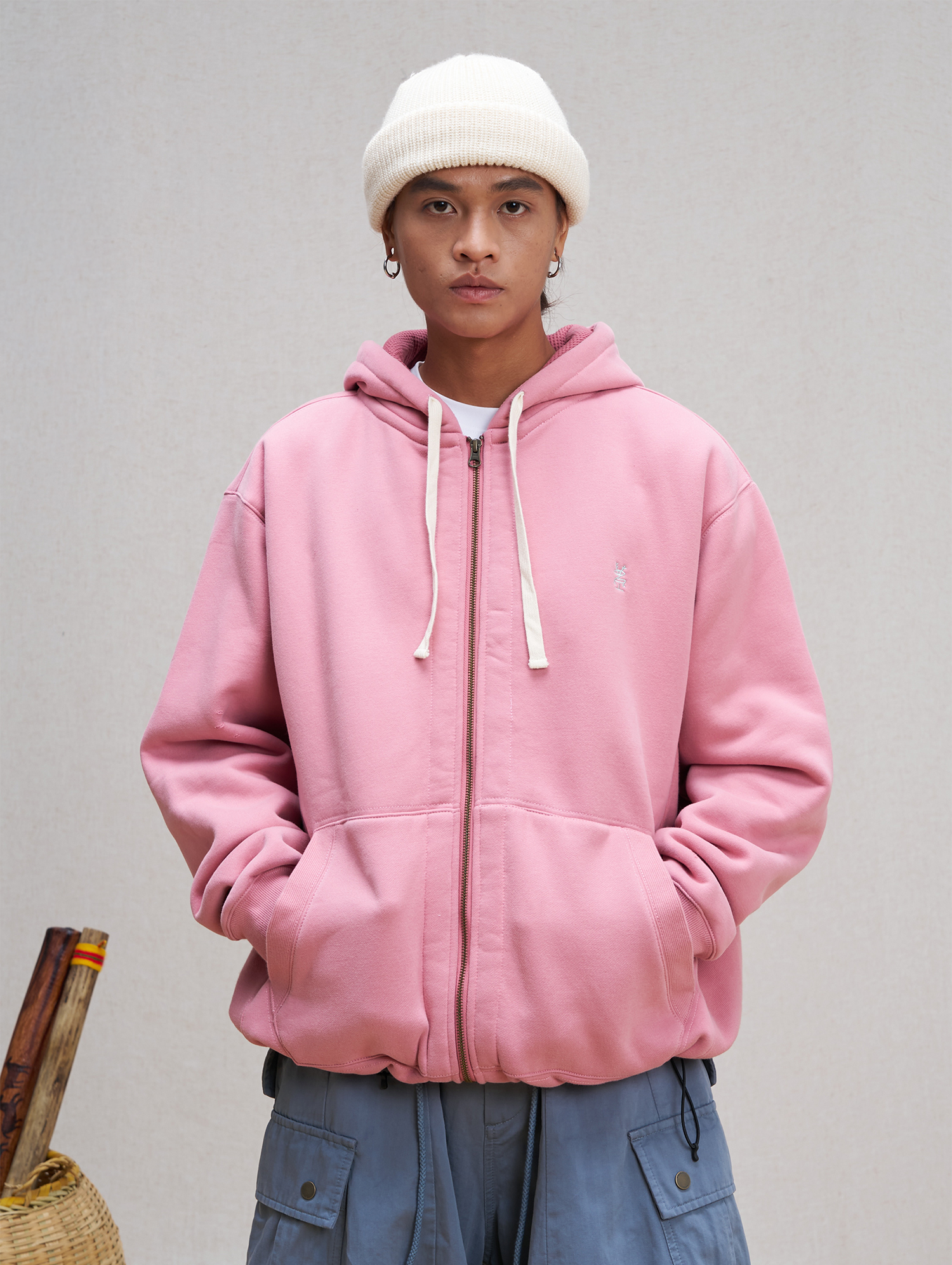 UNLIMITED MOTE Embroidered Waffle Lining Drawstring Hood Jacket