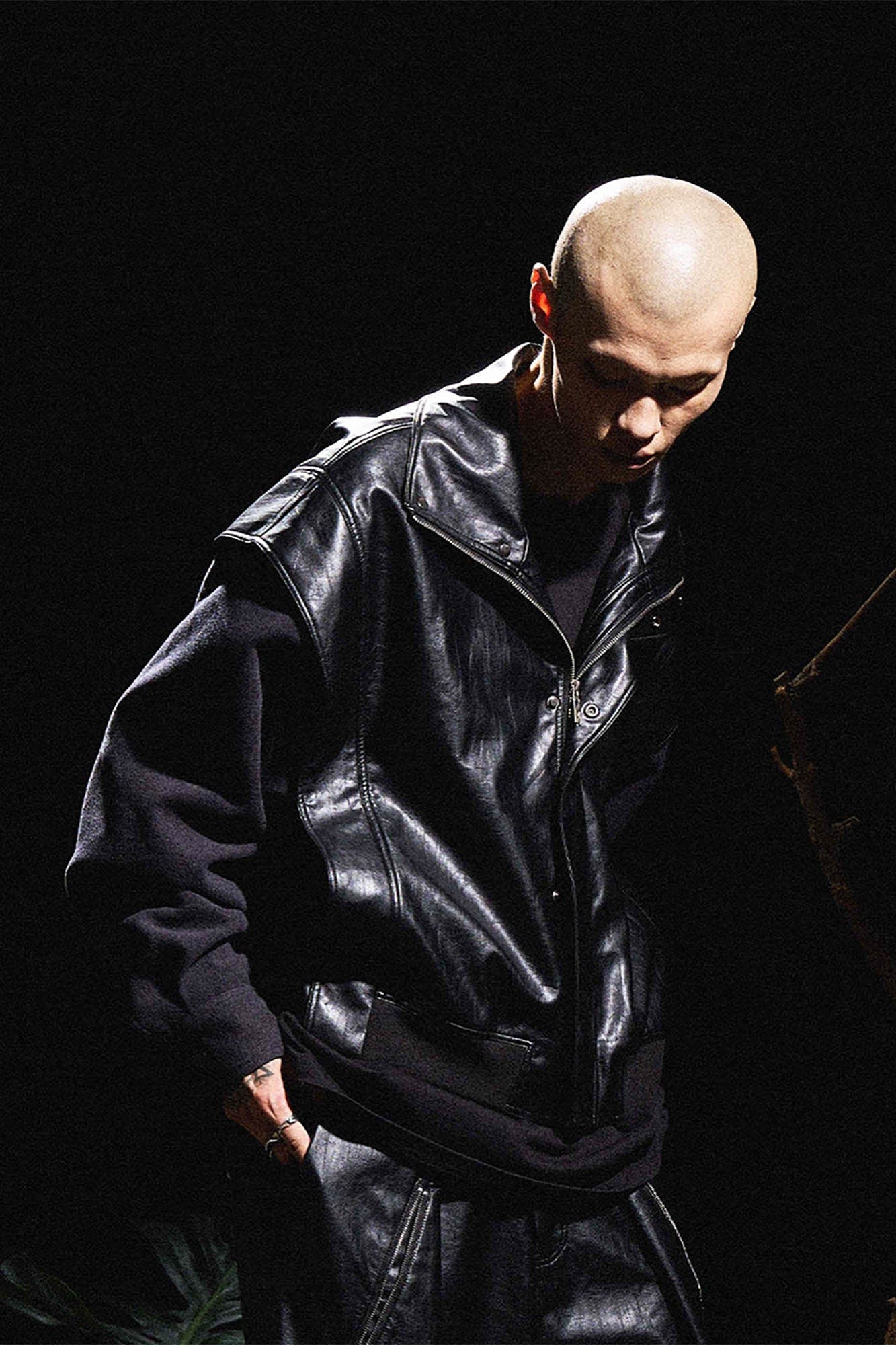 RELABEL Deconstructed Spliced Stand-Collar Faux Leather Jacket, premium urban and streetwear designers apparel on PROJECTISR.com, RELABEL