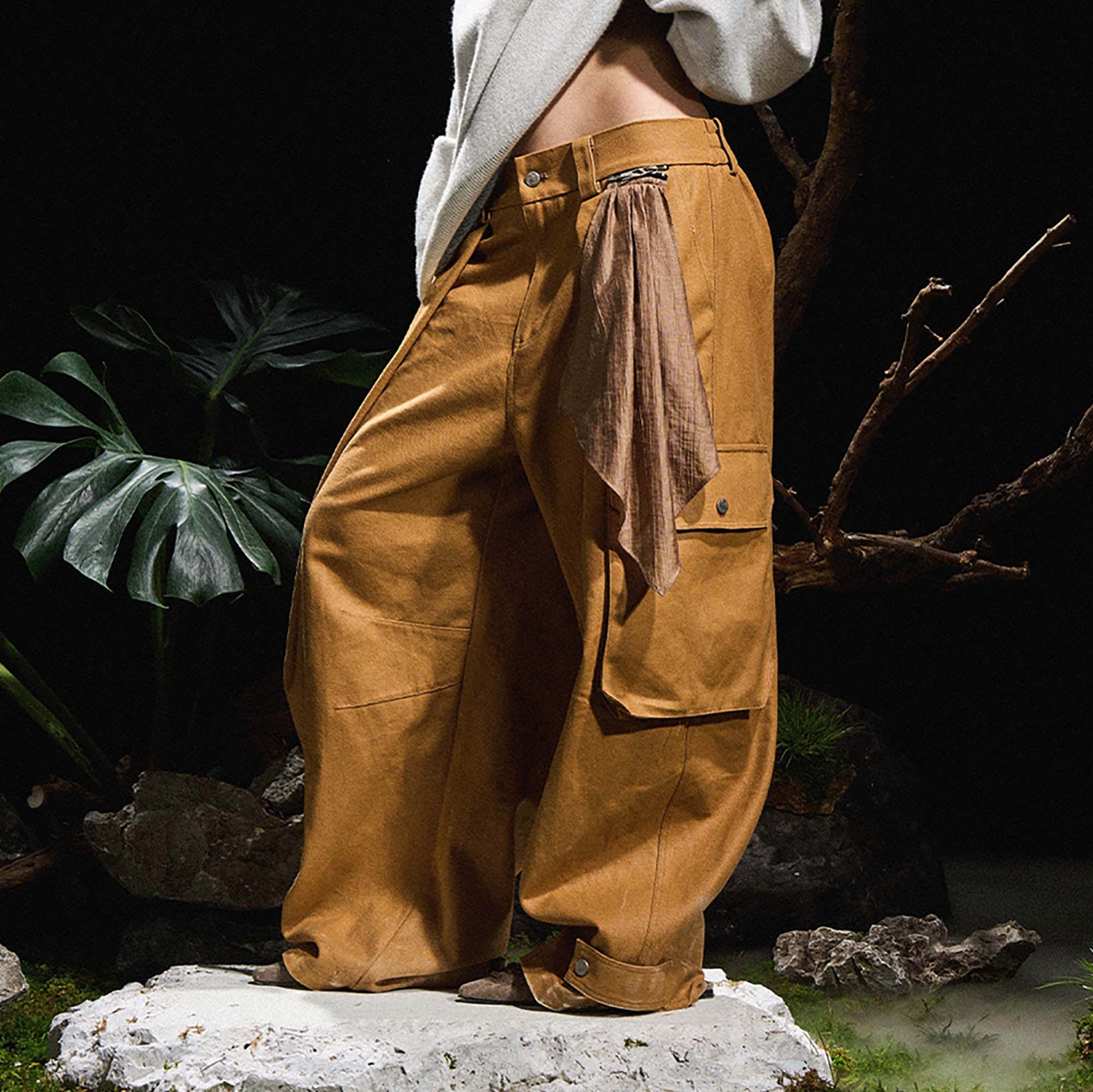 RELABEL Detachable Scarf Pleated Waxed Wide-Leg Cargo, premium urban and streetwear designers apparel on PROJECTISR.com, RELABEL
