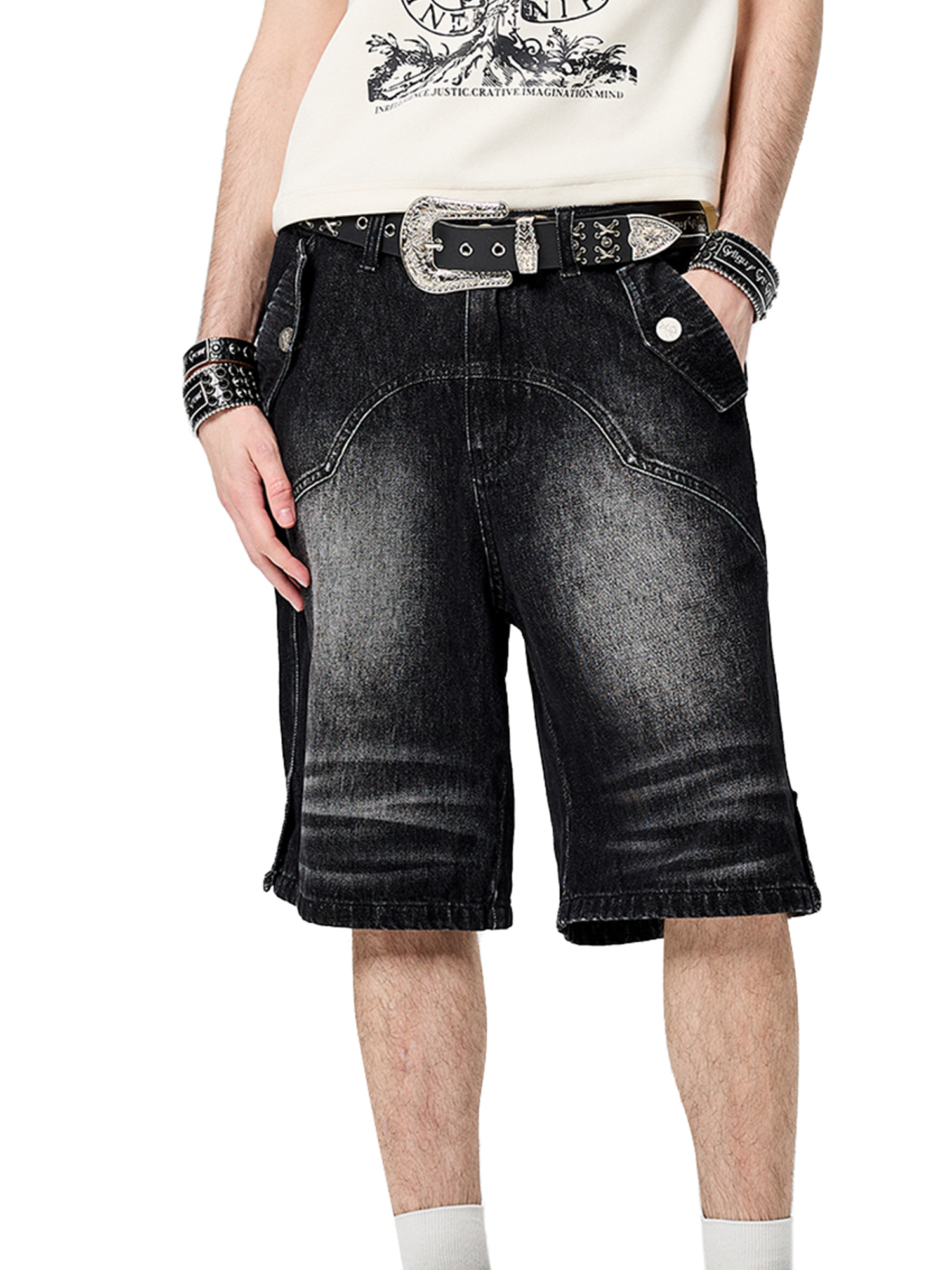 CYCYCY Retro Washed Paneled Denim Shorts