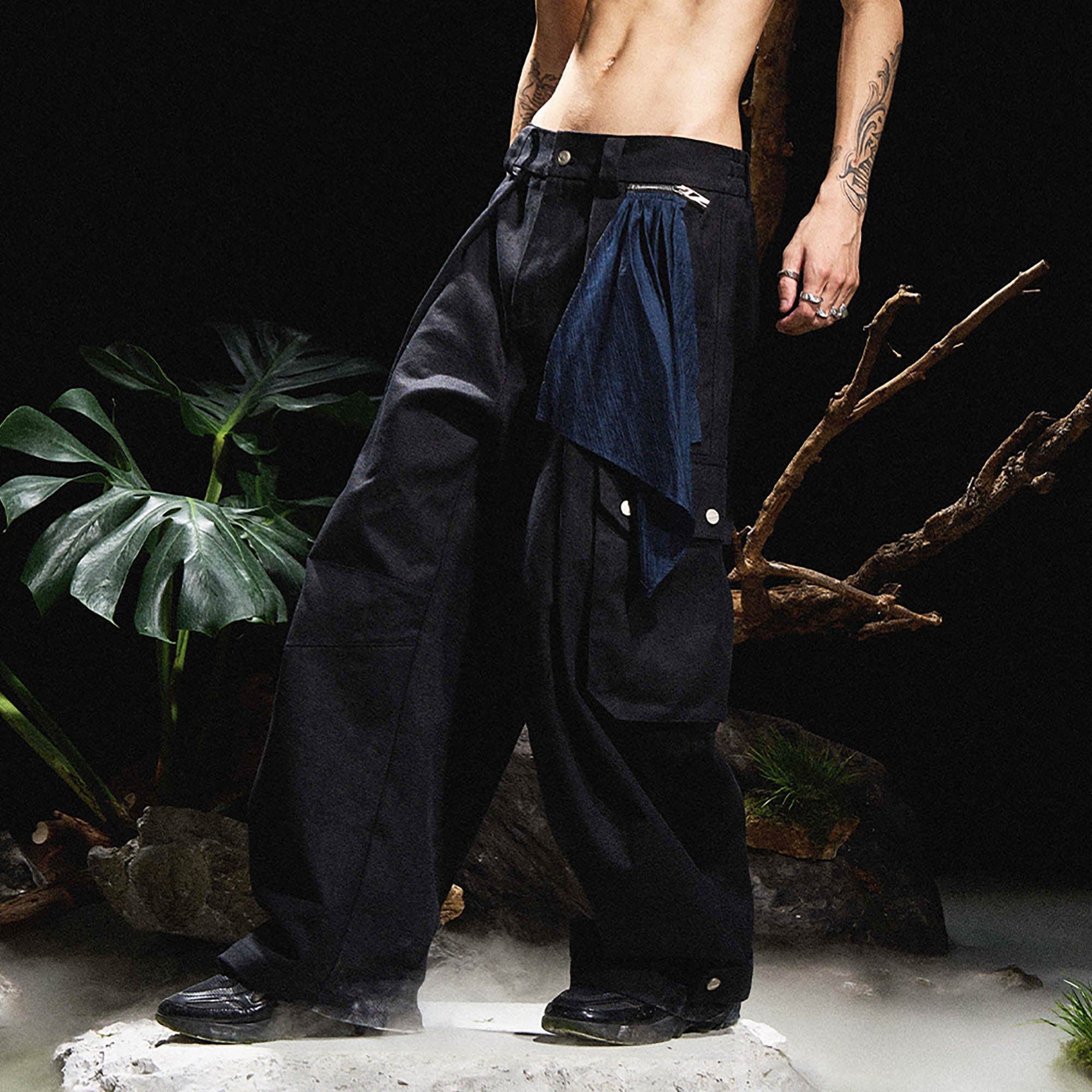 RELABEL Detachable Scarf Pleated Waxed Wide-Leg Cargo, premium urban and streetwear designers apparel on PROJECTISR.com, RELABEL