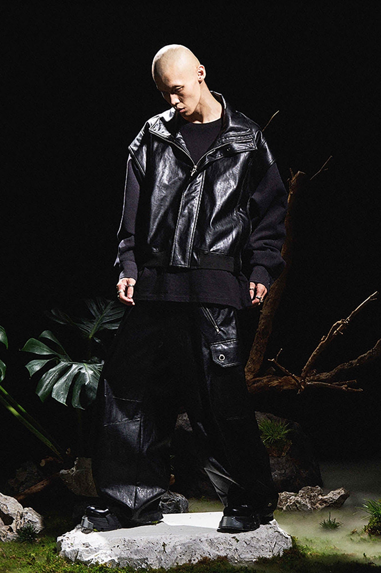 RELABEL Deconstructed Spliced Stand-Collar Faux Leather Jacket, premium urban and streetwear designers apparel on PROJECTISR.com, RELABEL