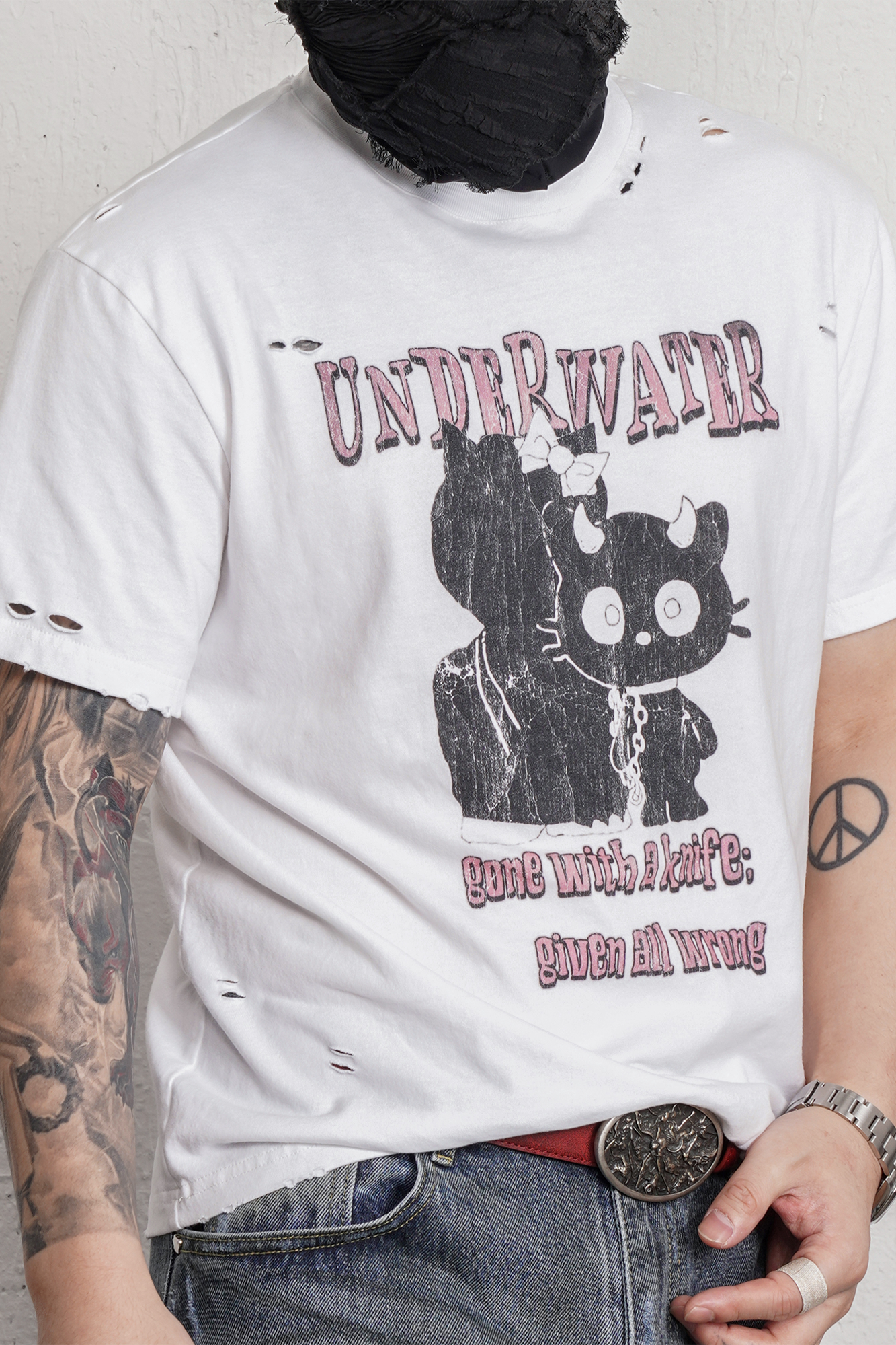 UNDERWATER Distressed Black Cat Graphic T-Shirt, premium urban and streetwear designers apparel on PROJECTISR.com, UNDERWATER