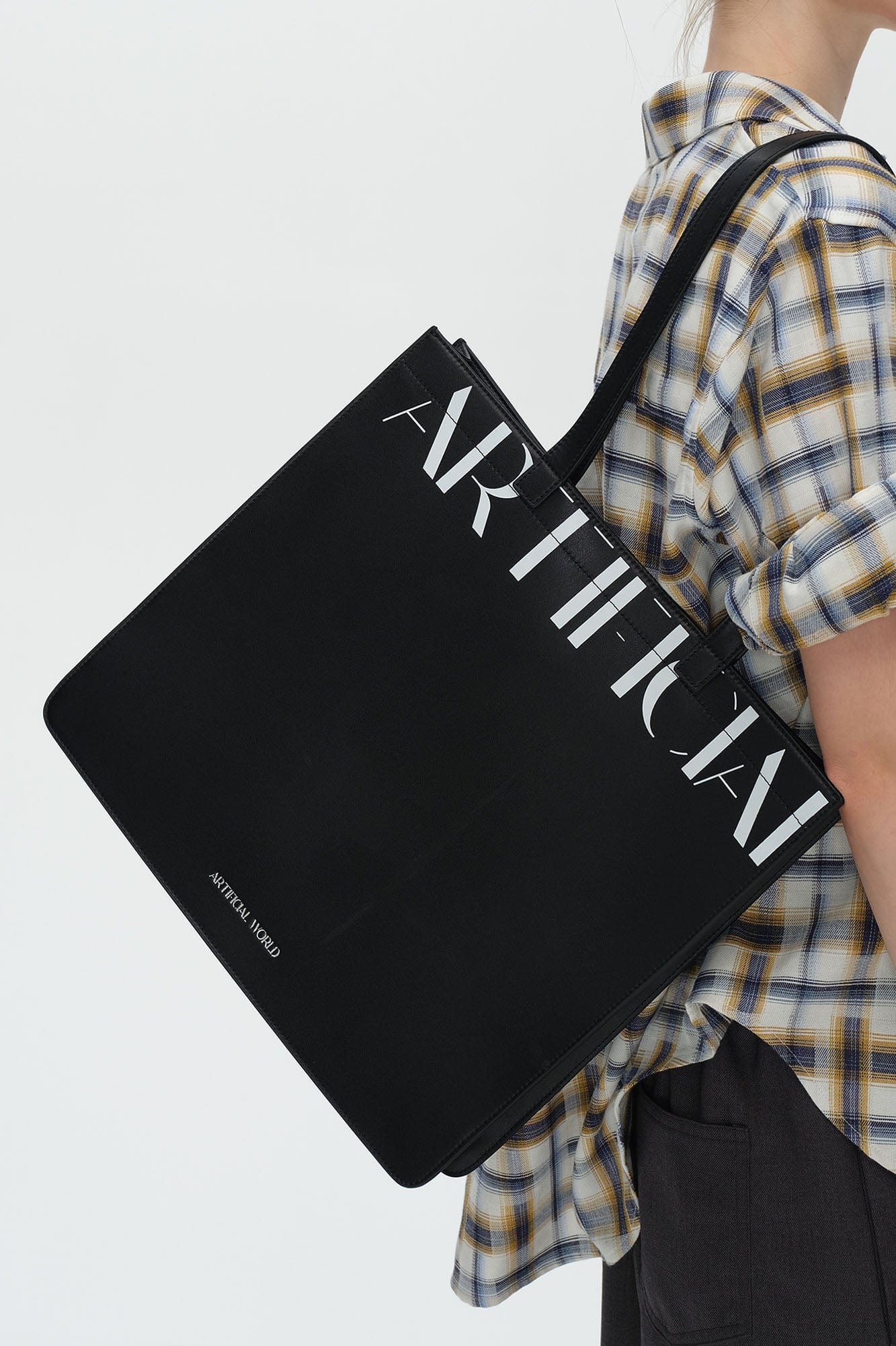 ARTIFICIAL WORLD Logo Graphic Leather Tote Bag, premium urban and streetwear designers apparel on PROJECTISR.com, ARTIFICIAL WORLD