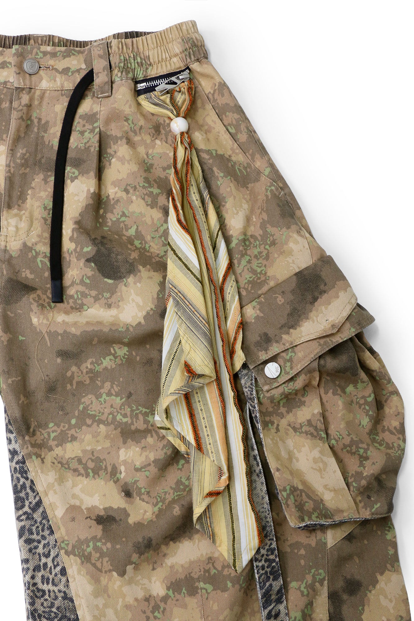 RELABEL Detachable Scarf Camo Leopard Panel Oversized Shorts, premium urban and streetwear designers apparel on PROJECTISR.com, RELABEL