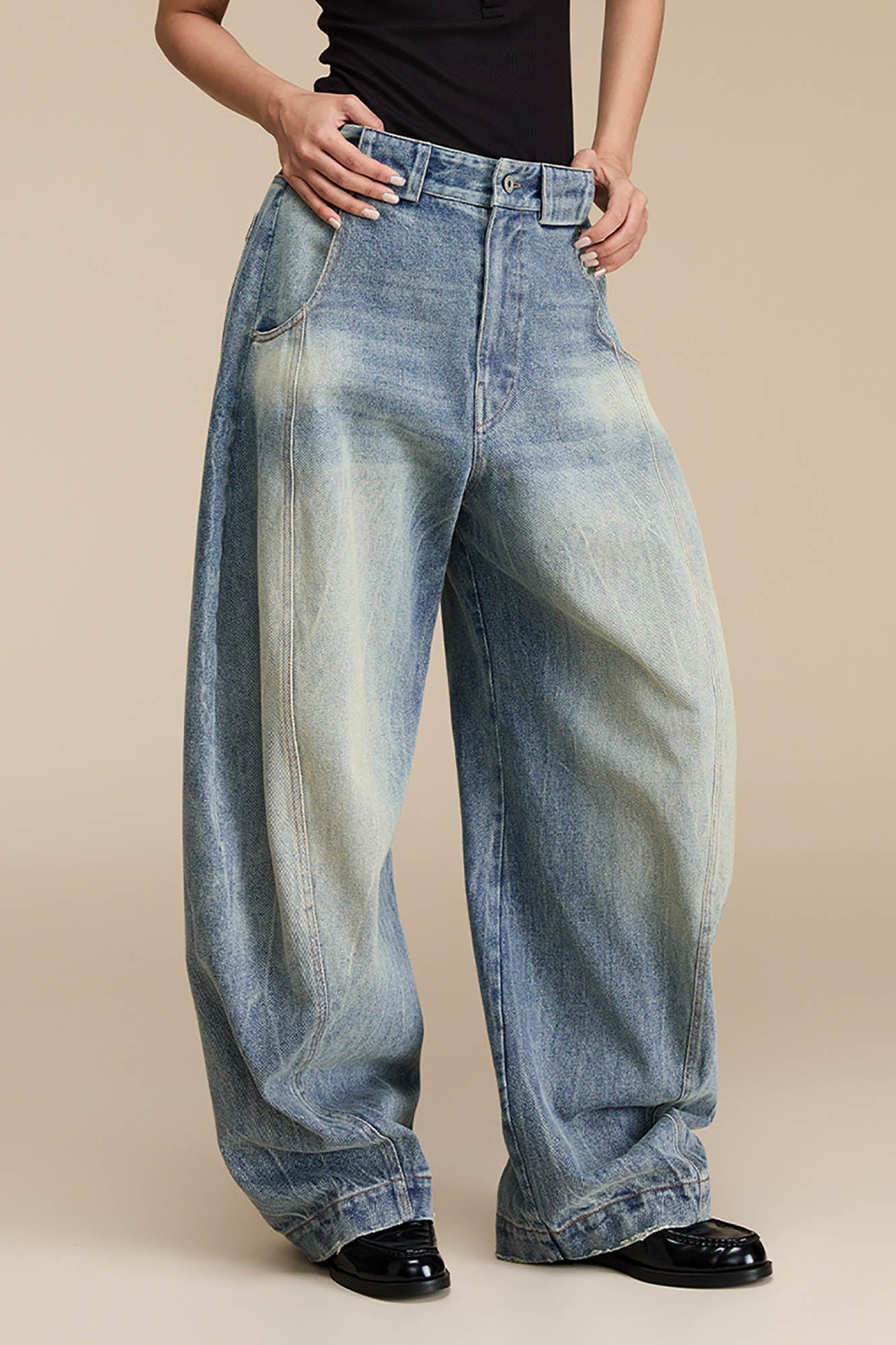 OPICLOTH Distressed Spliced Barrel-Leg Jeans, premium urban and streetwear designers apparel on PROJECTISR.com, OPICLOTH