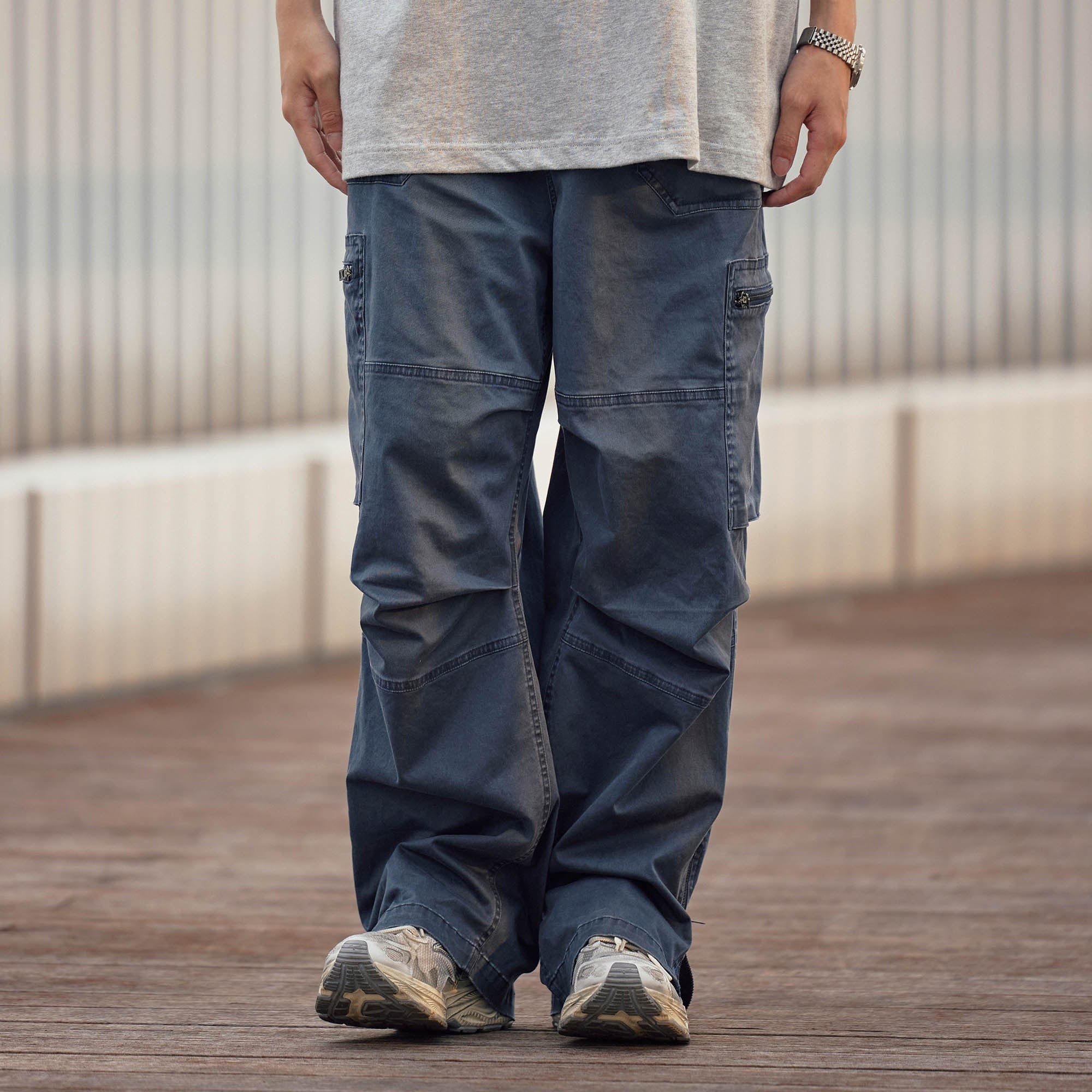 BANANA CLUB Zippered-Hem Multi-Pocket Crinkled Cargo Pants, premium urban and streetwear designers apparel on PROJECTISR.com, BANANA CLUB