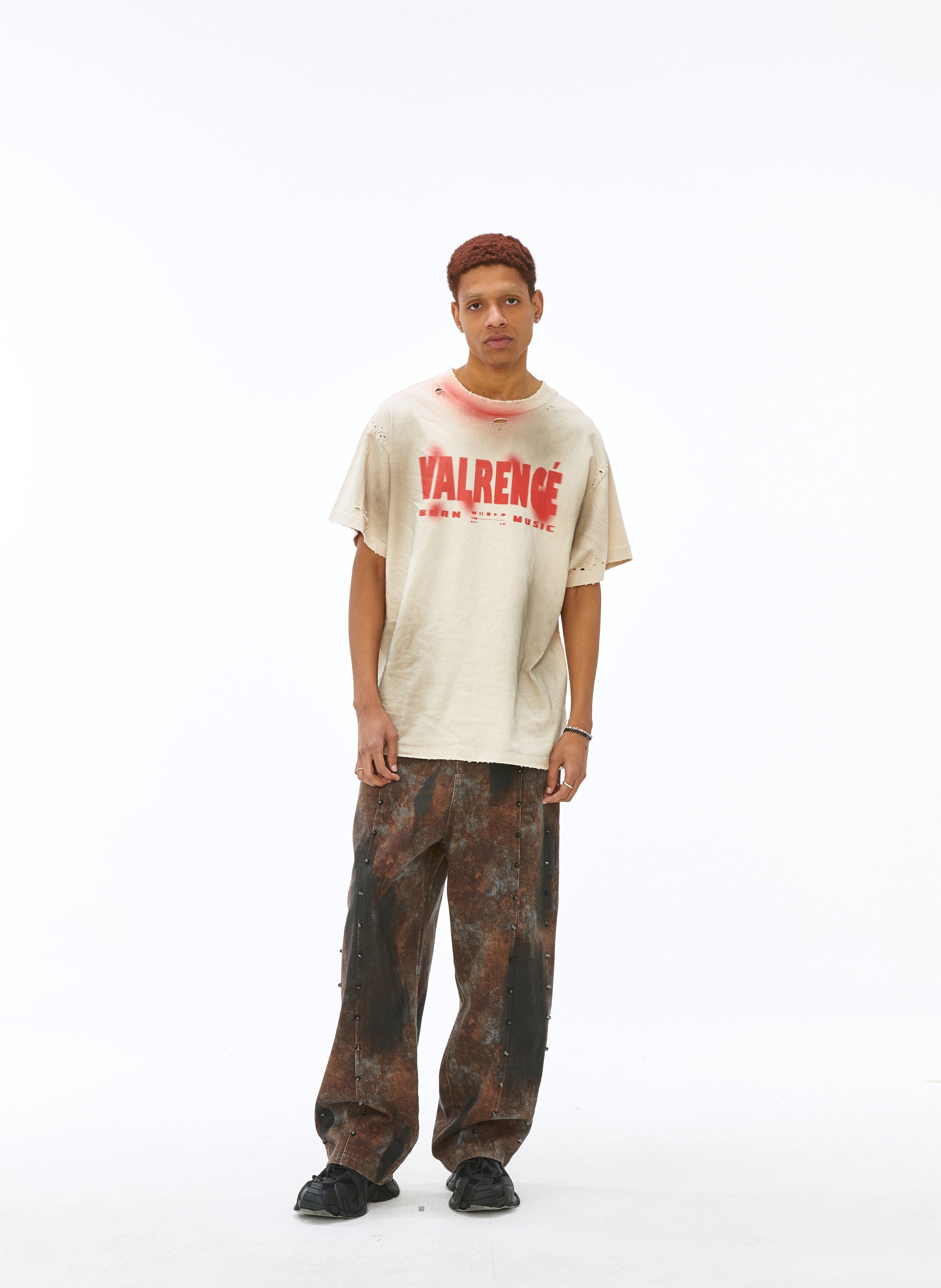 VANN VALRENCE Distressed Washed Spray Faded LOGO T-Shirt