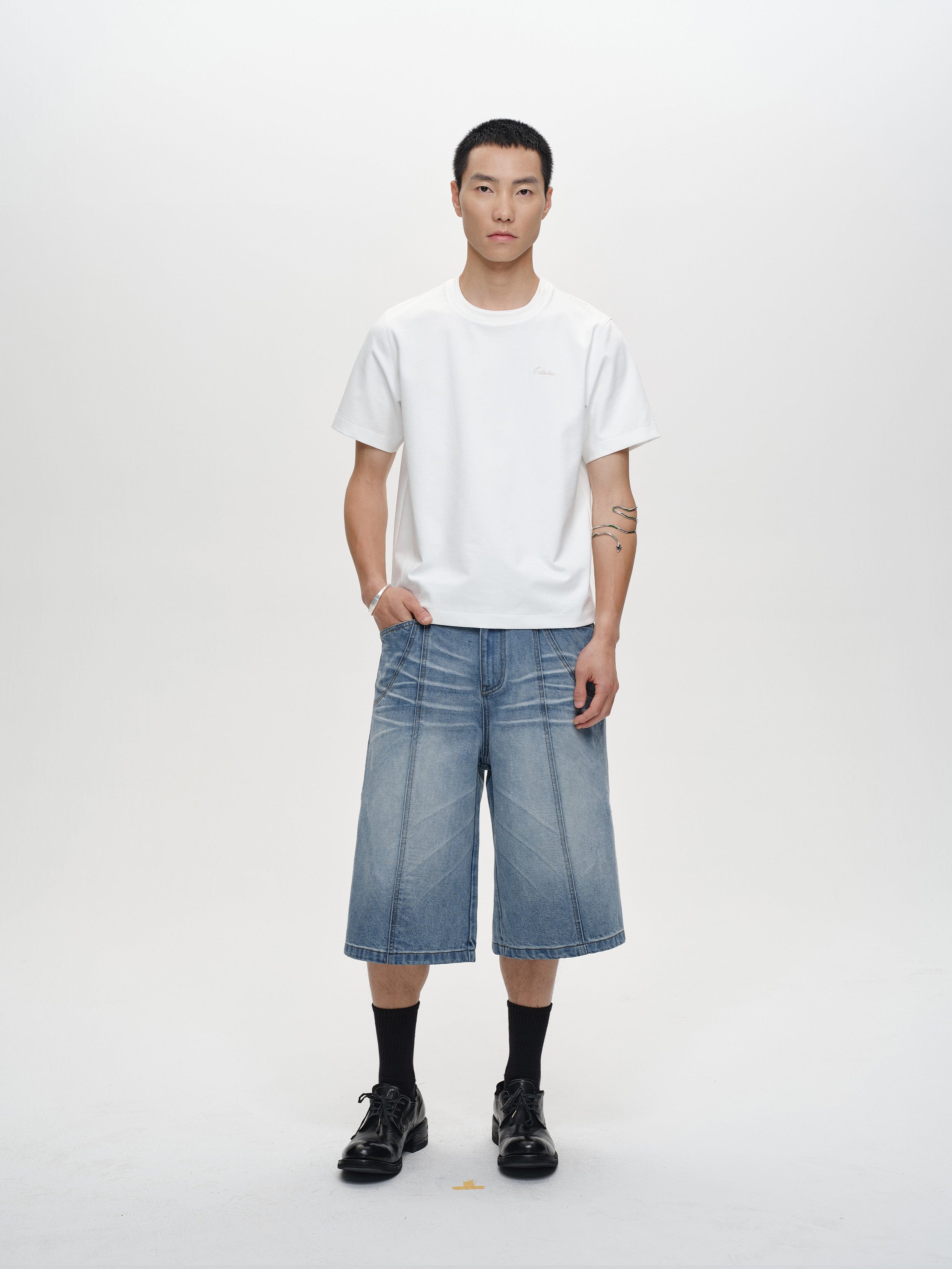 CATSSTAC Whisker-Wash Middle-Spliced Wide-Leg Shorts, premium urban and streetwear designers apparel on PROJECTISR.com, CATSSTAC