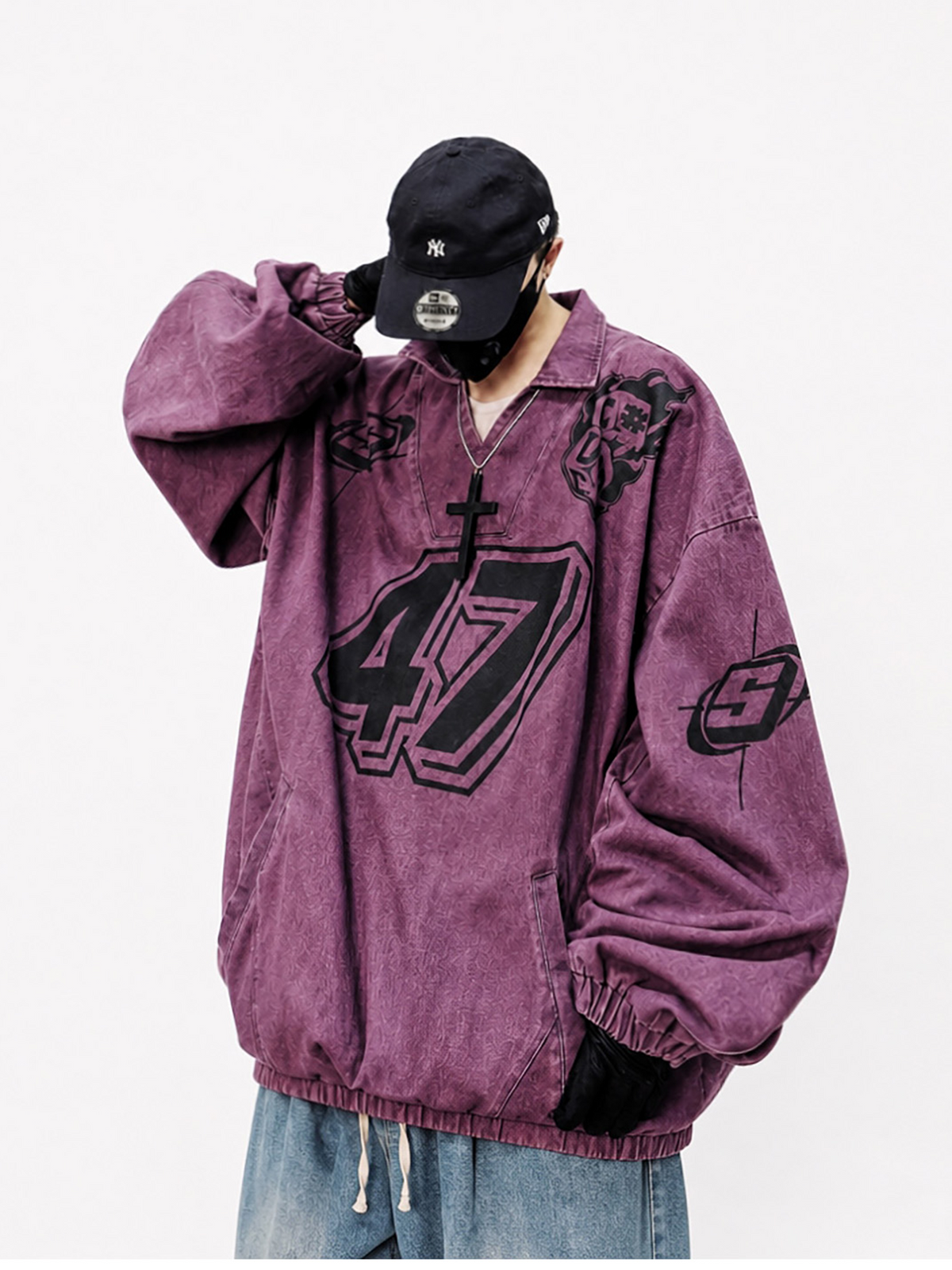 UUCSCC Washed Distressed Oversized V-Neck Sweatshirt