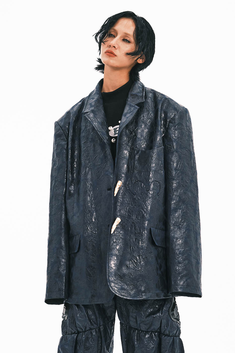 EMBRYO Crinkled Textured Faux Leather Blazer, premium urban and streetwear designers apparel on PROJECTISR.com, EMBRYO