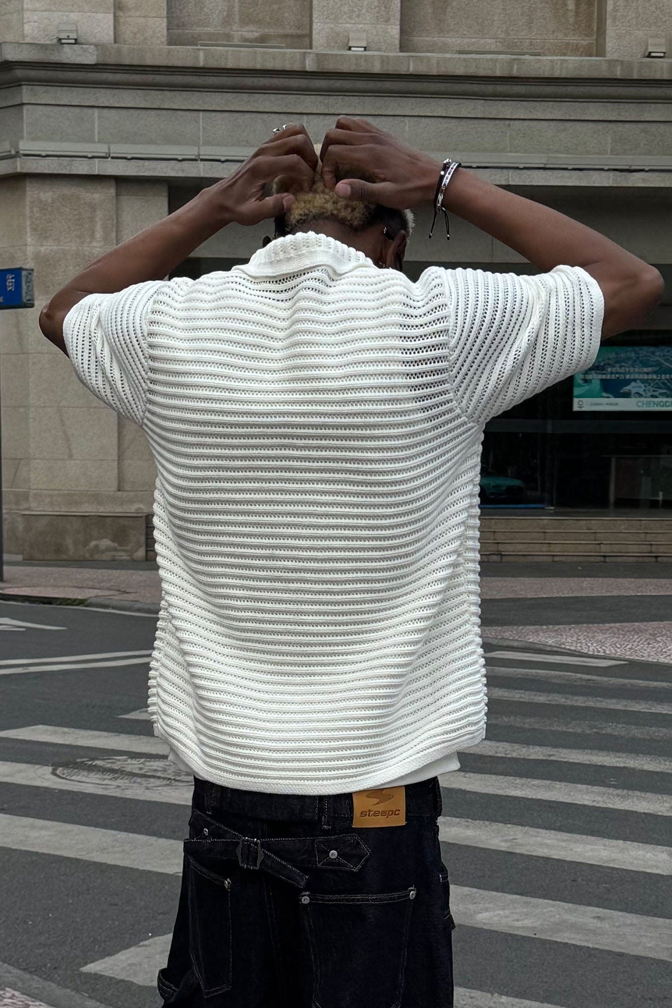 STEEPC Hollow-Out Knit Polo Half Shirt, premium urban and streetwear designers apparel on PROJECTISR.com, STEEPC