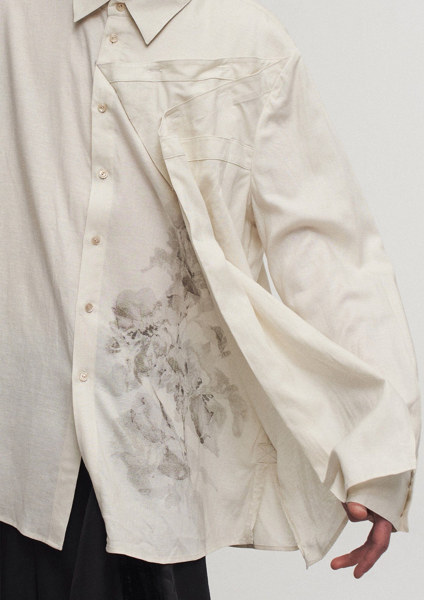 ILNya Nieternite Nifutur Asymmetric Floral Folded Drape Panel Shirt, premium urban and streetwear designers apparel on PROJECTISR.com, ILNya Nieternite Nifutur