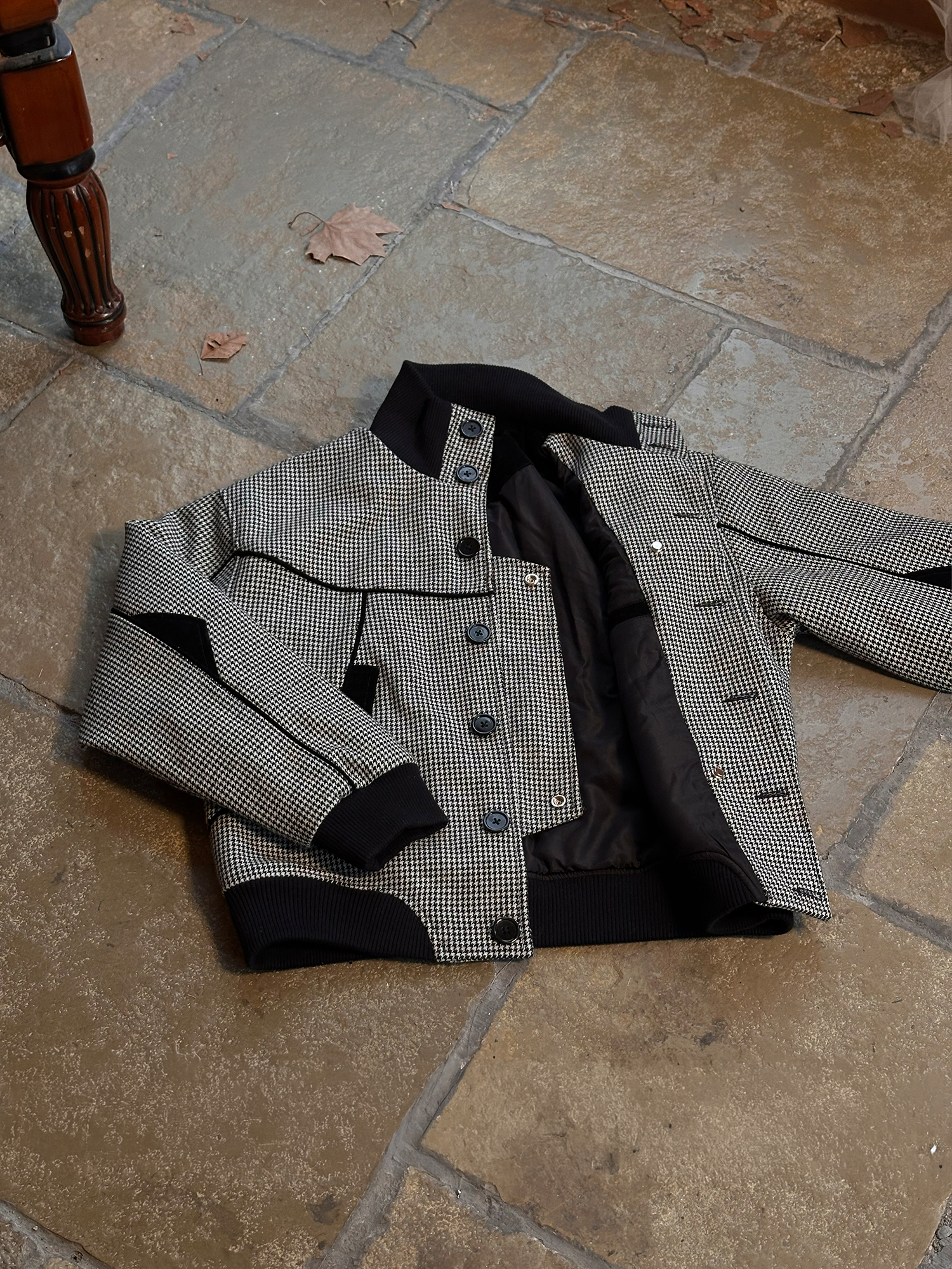 ESAIAS Houndstooth Panel Stand Collar Wool-Blend Jacket