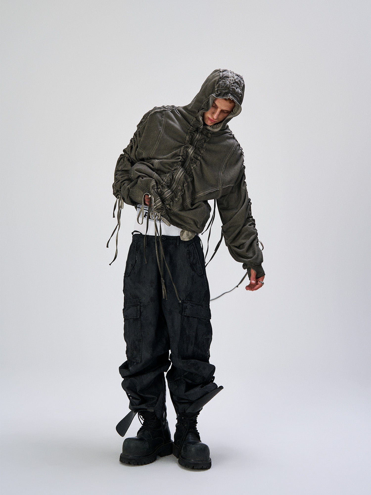 FLYERRER Distressed Drawstring Ruched Hooded Jacket, premium urban and streetwear designers apparel on PROJECTISR.com, FLYERRER