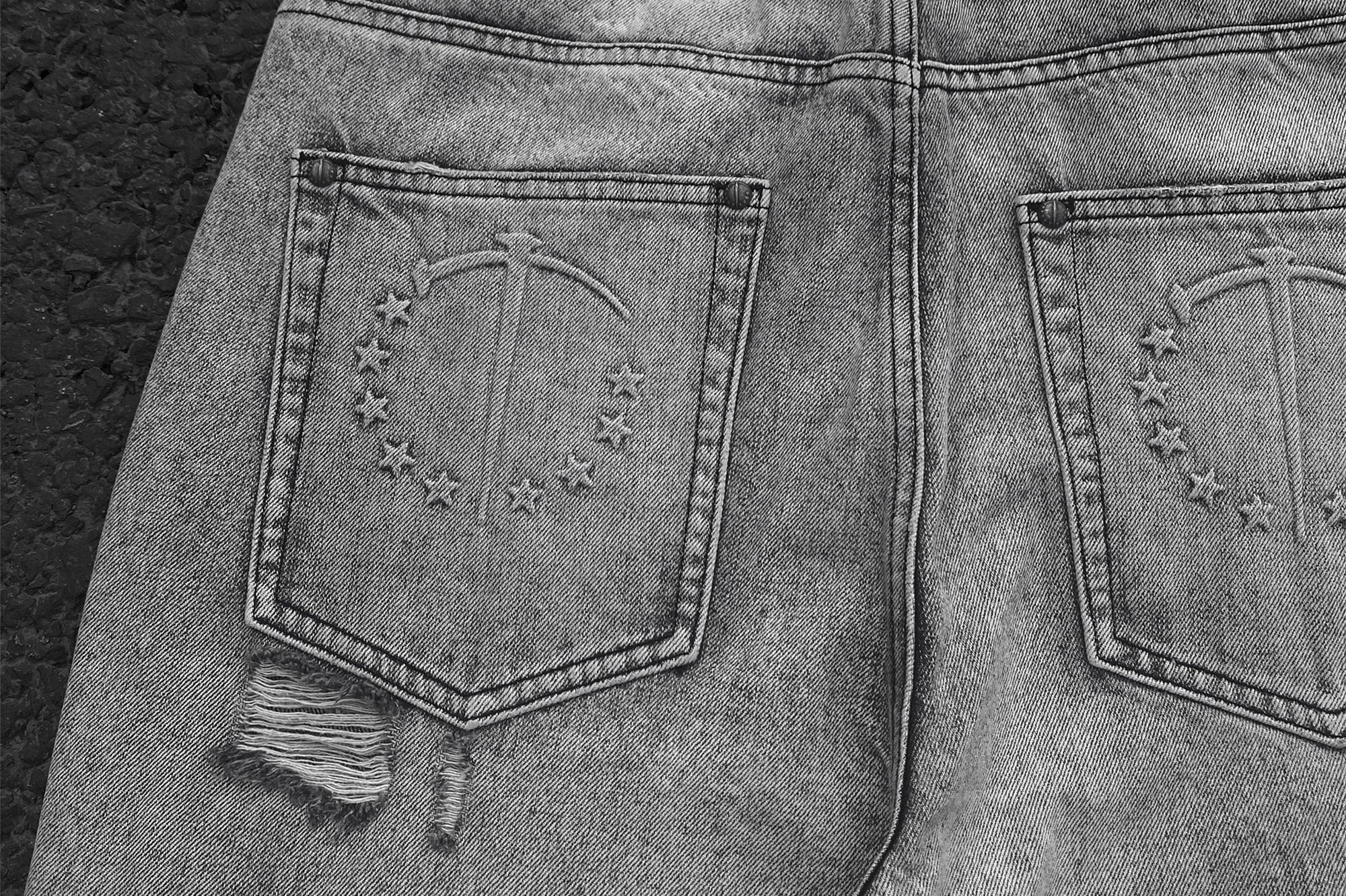 TECNINEGROUP Distressed Ash-Washed Flared Jeans, premium urban and streetwear designers apparel on PROJECTISR.com, TECNINEGROUP