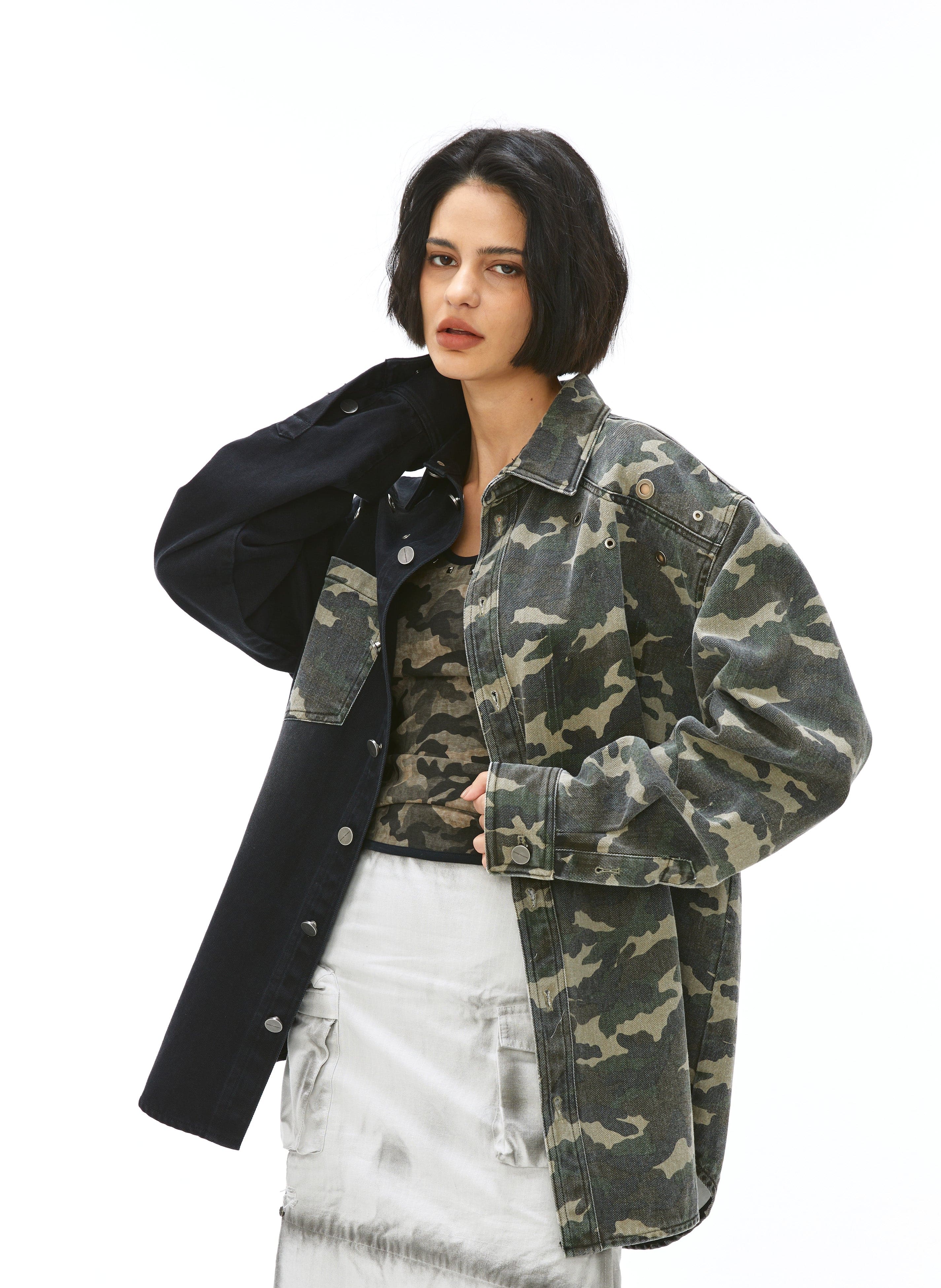 VANN VALRENCE Paneled Camo Denim Shirt